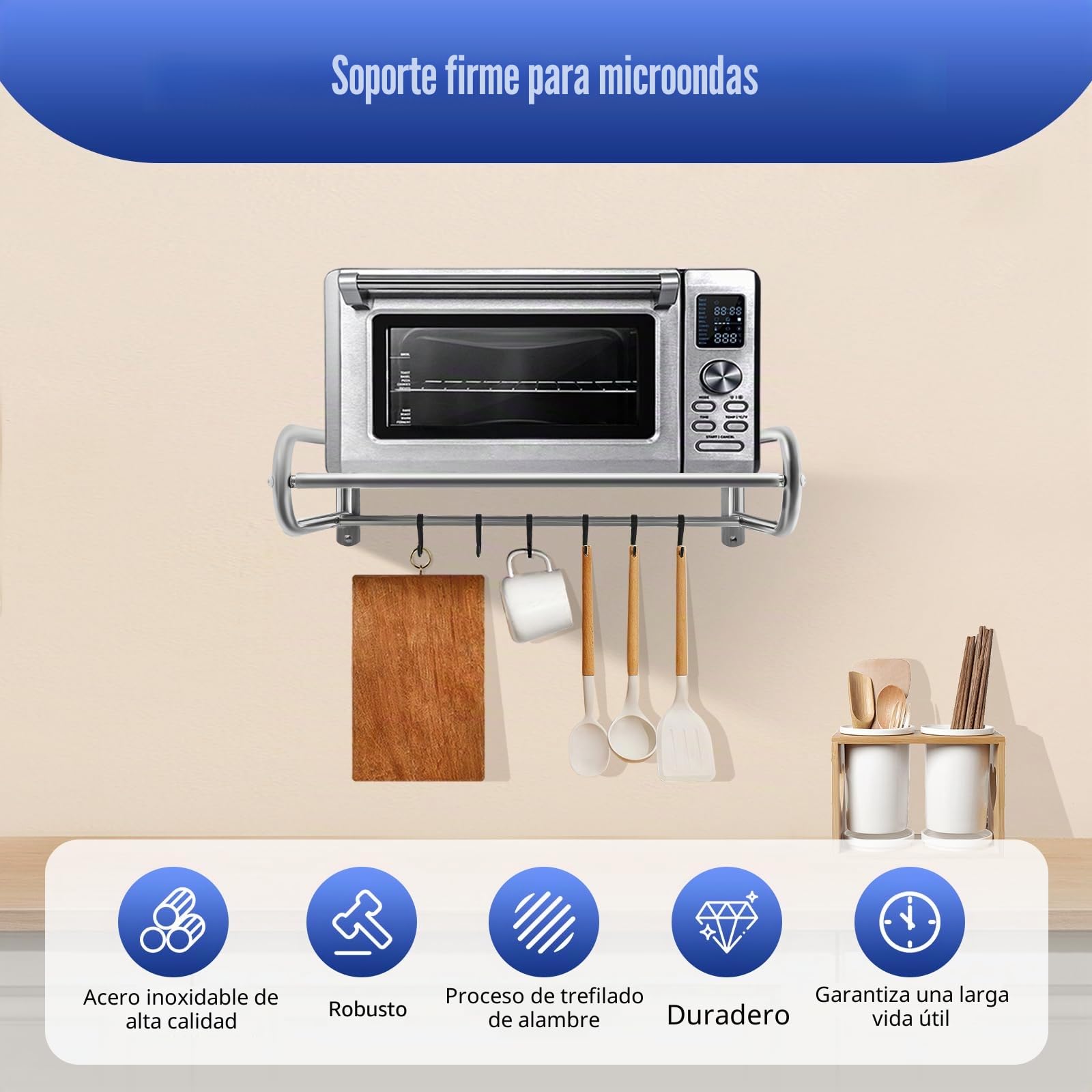 Soporte para microondas de acero inoxidable, soporte de pared para microondas de hasta 30 kg, soporte de pared con 6 ganchos para cocina, salón, balcón, baño