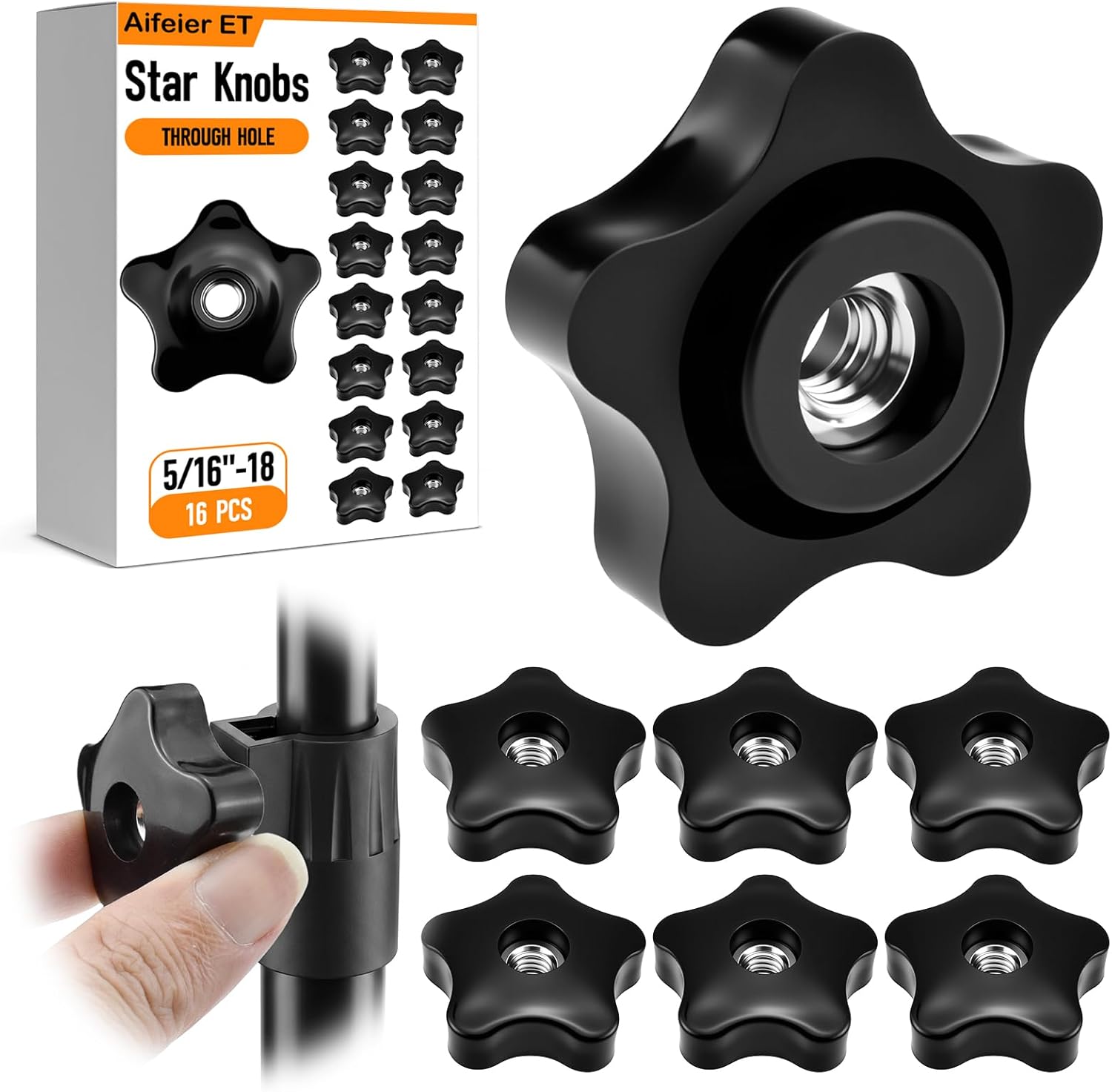 Aifeier ET 16 Pcs 1/4"-20 Inch Knob | Black Nylon Screw-On Type Thru Threaded Nuts | 6-Star Shape Hand Tighten Clamping Knobs (0.25"/6.35mm)