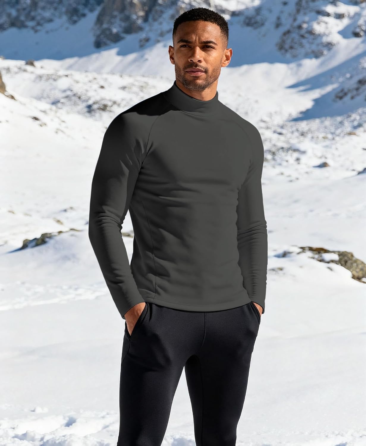 Men's Mock Turtleneck Long Sleeve Shirts, Thermal Athletic Undershirt Moisture Wicking Warm Base Layer Slim Fit - Image 2