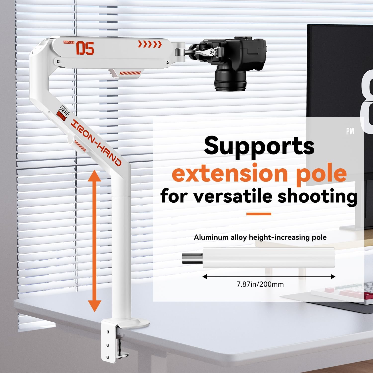 JINRAIKO Overhead Camera Mount with 360° Adjustable Arm & Phone Holder for TikTok Live Streaming Photography Studio Content Creation, Desk Mount for for DSLR Camera/Webcam/Microphone, White