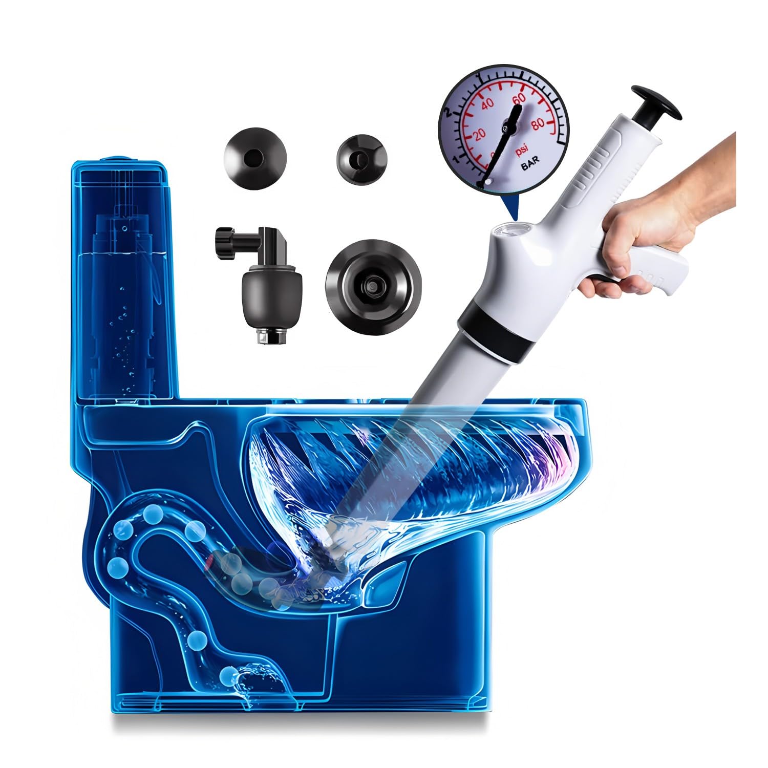 Desatascador WC a Presion con Manometro Visivo, Desatascador Tuberias Profesional con 4 Ventose, Desatascador AIRE Comprimido, per WC, lavandino, Vasca da Bagno