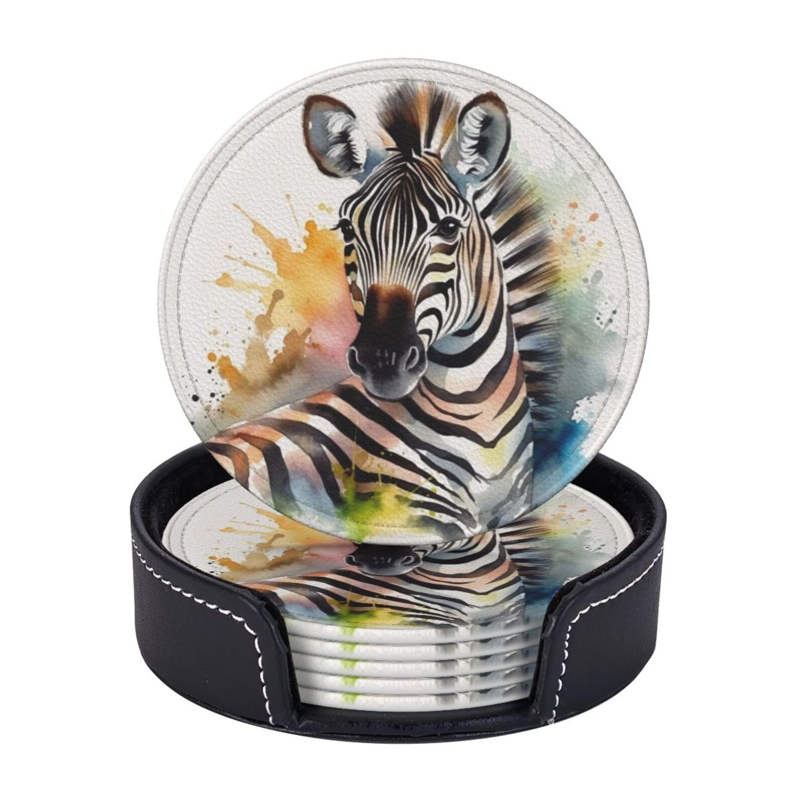 Round Coasters for Drinks Set of 6 - PU Leather Coasters with Holder - Modern Drink Coasters for Coffee Table - Cute Zebra Watercolor Coaster for Tabletop Protection 4" Cup Mat Pad