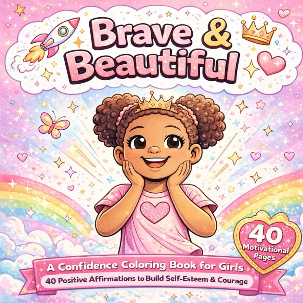 Brave & Beautiful Coloring Book for Girls: 40 Empowering Affirmations and Inspirational Coloring Pages to Build Confidence, Self-Love and Growth Mindset for Kids Ages 4–8
