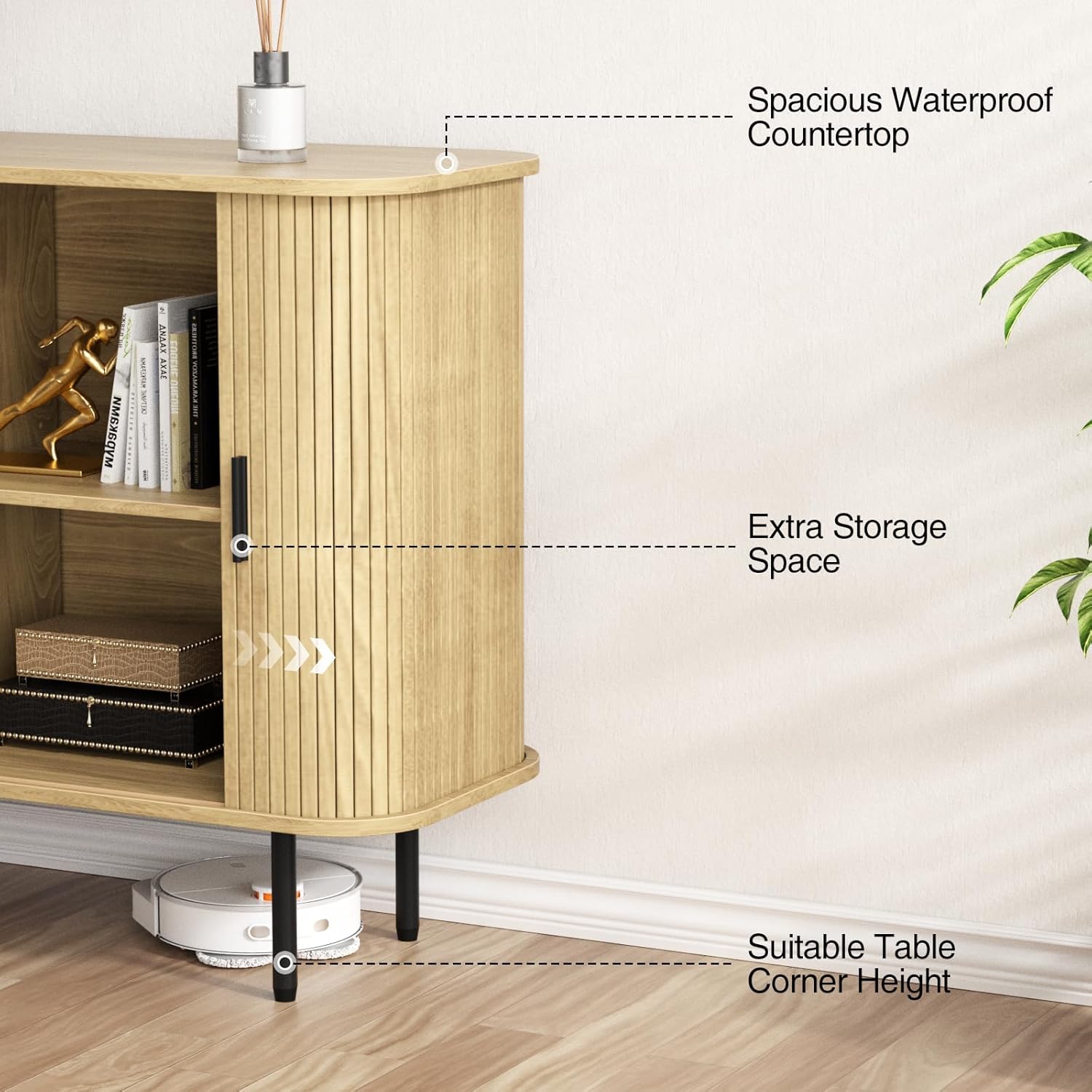 Vabches 47''W x 32''H Storage Cabinet, Fluted Sideboard Buffet Accent Cabinet with Storage, Console Table Credenza with Tambour Slatted Sliding Doors and Shelves for Living Room, Kitchen, Natural