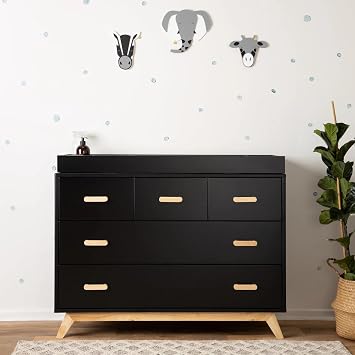 dadada Soho 5-Drawer Dresser for Nursery and Bedroom - Modern Design, Large Storage, Baby-Safe Finish, Soft Close Drawers, Anti-Tip Safety, Sturdy Legs & Solid Wood Handles, 47 Wide Black+Natural