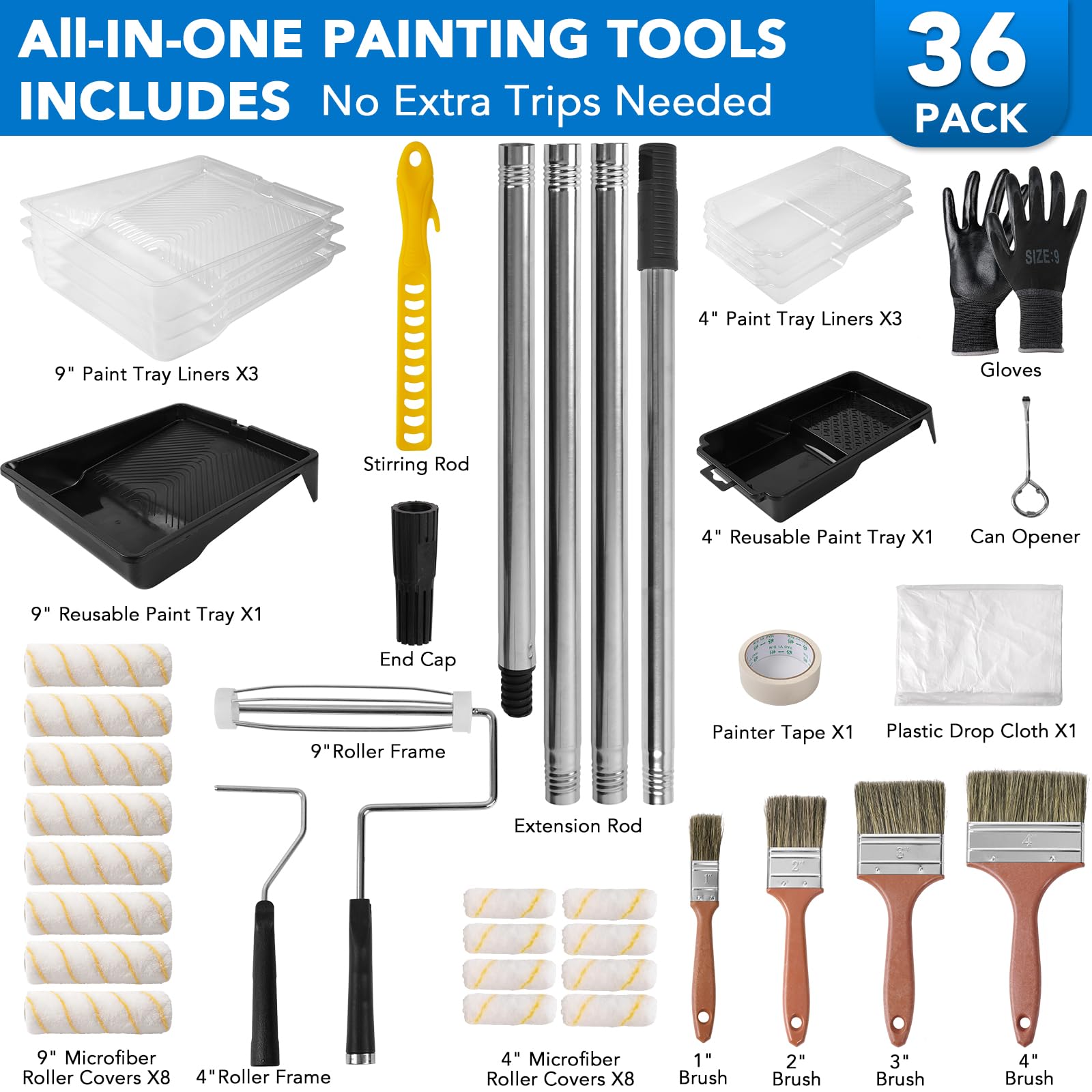 Kit de 36 rodillos de pintura con poste de extensión de 4 secciones, bandejas de rodillos de 9 y 4 pulgadas, marcos resistentes, rodillos de pintura de microfibra, pinceles y raspadores, herramientas