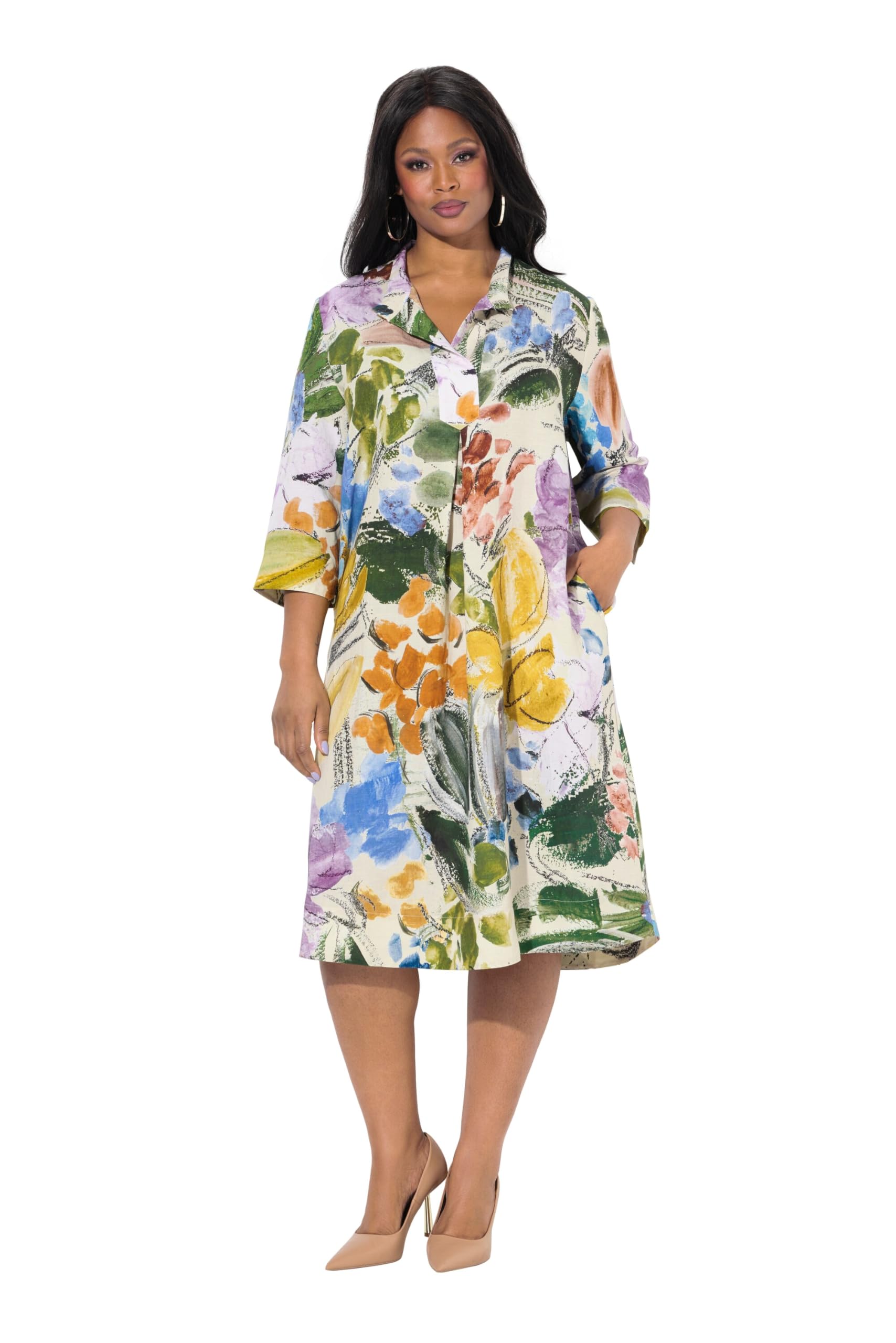 Ulla Popken Damen große Größen Übergrößen Plus Size Leinenmx-Kleid, A-Linie, V-Ausschnitt, 3/4-Arm, Taschen 837617