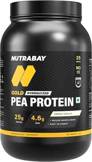 NUTRABAY Gold 100% Pea Protein Powder - 1kg, French Vanilla | 25g Protein, 4.6g BCAA, 5g Fiber | Complete Amino Profile | ...