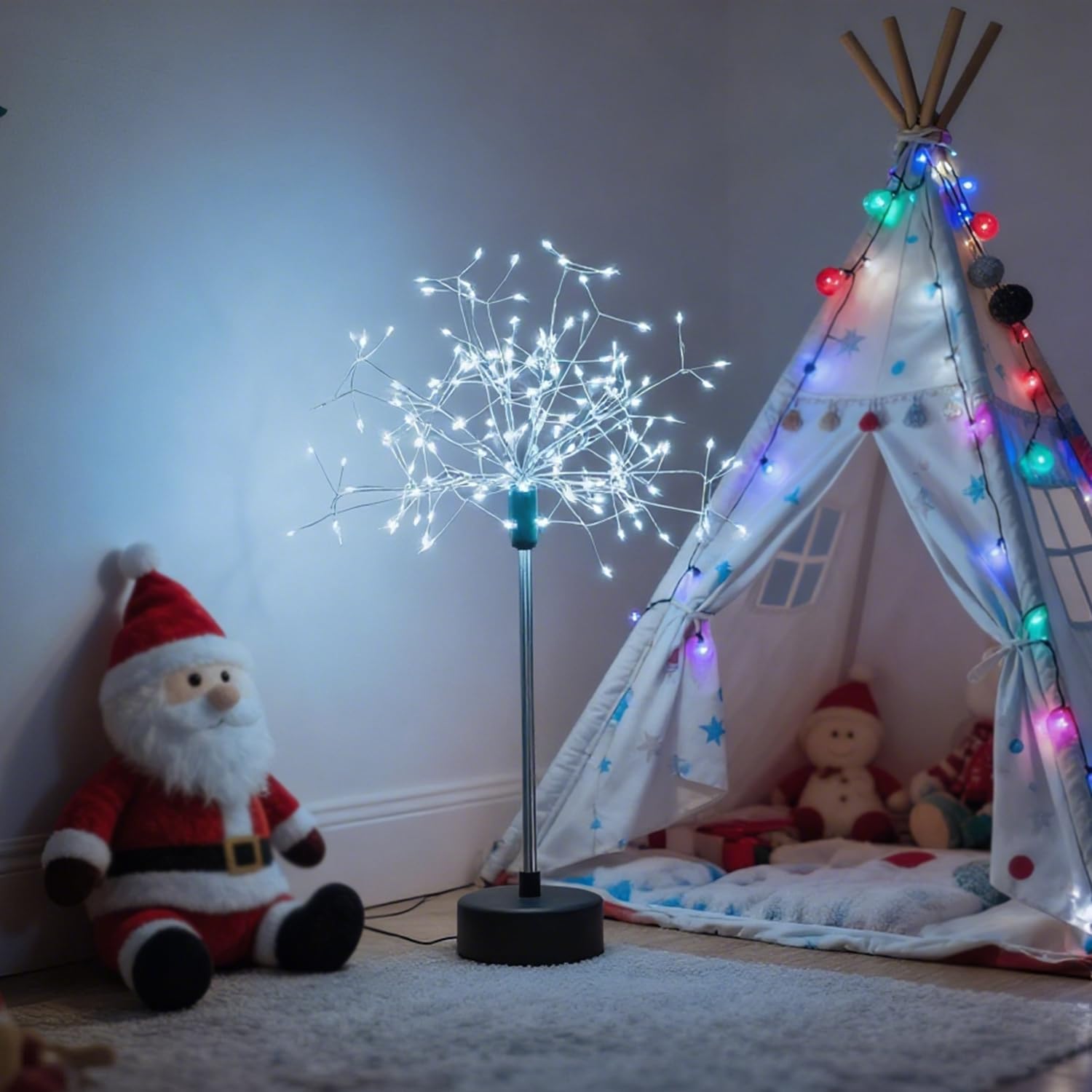 EastHedge Nest and Flowers Table Lights,Mini Table Starburst Silver,LED Starburst Firework Lamp for Party Home Decor 100 LED Fairy Light (White)