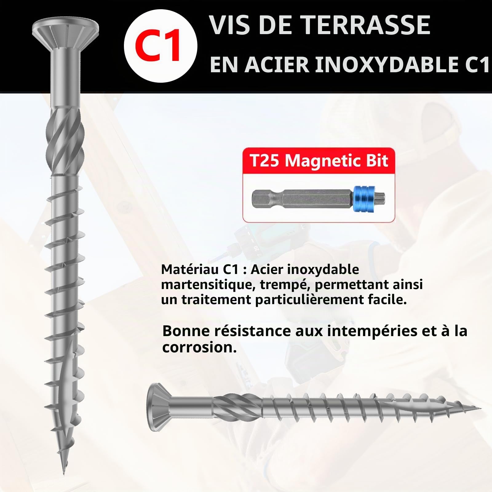 TCO Lot de 1000 Vis pour Terrasse 5x60 Acier Inoxydable 410, 2 embouts T25 - Vis pour l'extérieur (construction de terrasses & en bois de construction, abris de jardin etc.)