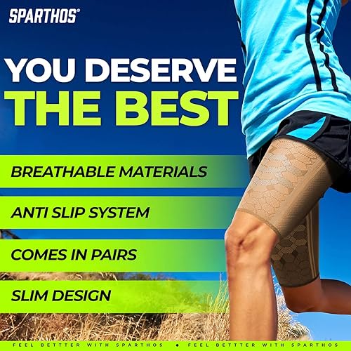 Miniatura 8 de Sparthos Mangas de compresión para muslos (par) Soporte cuádruple y isquiotibiales Mangas superiores de pierna para hombres y mujeres Hechas de