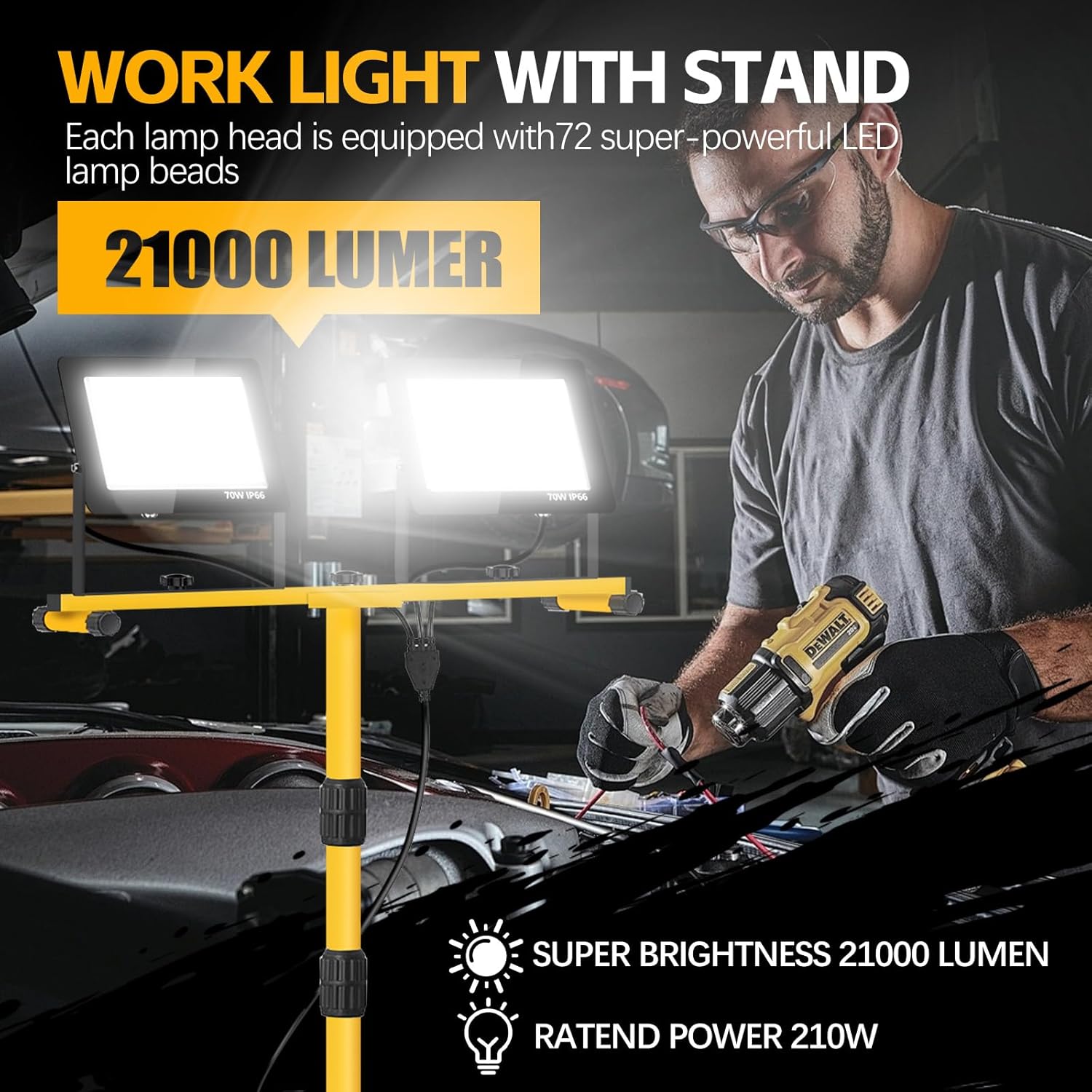 Work Lights with Stand, 21000 Lumen, 2 Adjustable Heads LED Work Lights, with Adjustable and Foldable Tripod Stand, Waterproof Lamp with Individual Switch with 6500 Kelvin Color Temperature (2-Heads) - Image 6