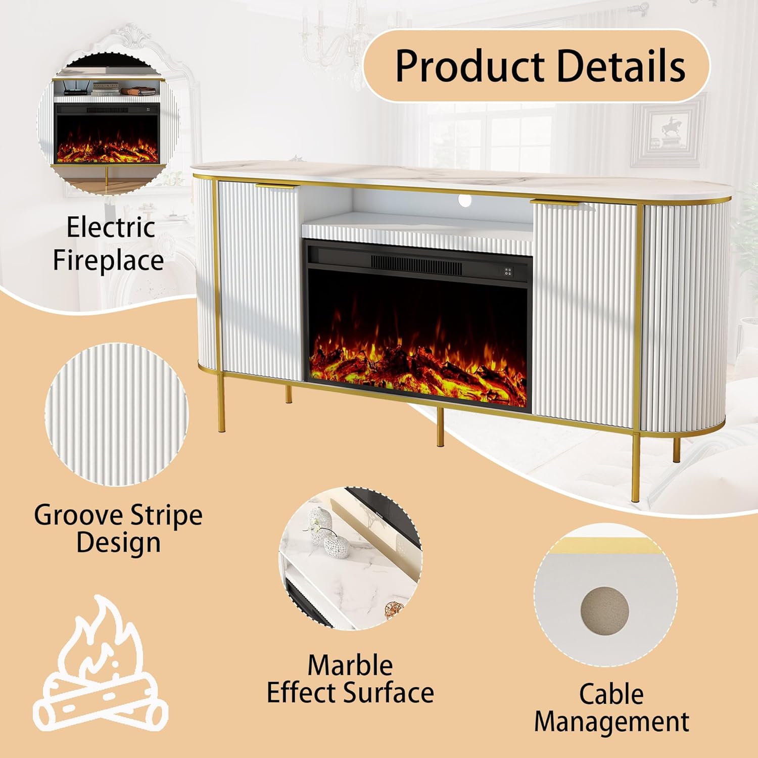 Fluted Fireplace TV Stand: 70" White Entertainment Center with 30" Electric Fireplace, TV Console for 80 inch TVs, Luxury Media Console with Faux Marble Top for Living Room (White) - Image 5