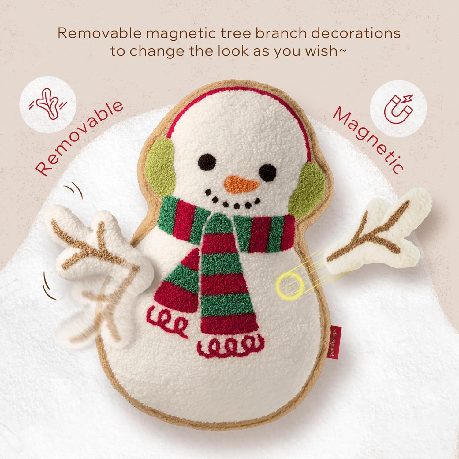 Phantoscope Gingerbread Merry Christmas Throw Pillow, Plush Teddy Xmas Gingerbread Snowman Shaped Pillows with DIY Branch Arms & Earmuffs, Christmas Decorative Pillow for Couch, White, 18x12 inches