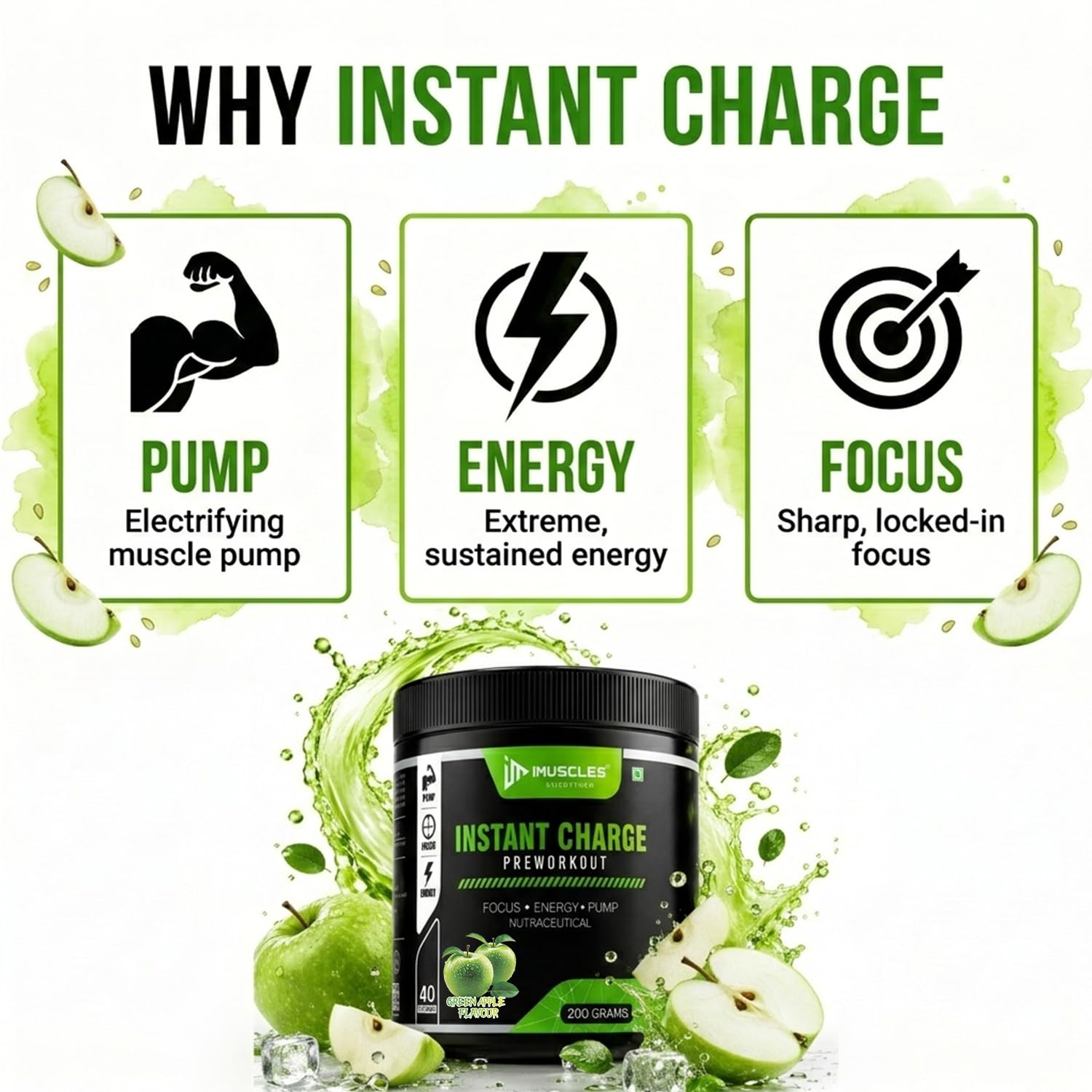 Instant Energy Pre Workout (200gm, 40 Servings, Green Apple) Supplement Powder with Creatine Monohydrate, Arginine, Beta-Alanine, Electrify Muscle Pump, for Men, Women — Amazon image 5