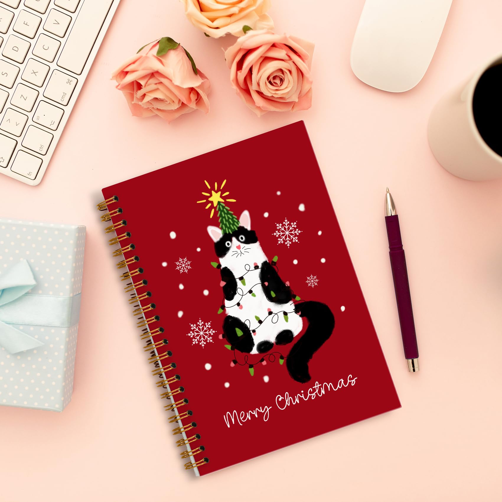 Cuaderno rojo de esmoquin de Navidad, diario de copo de nieve de invierno, diario de regalos para amantes de los gatos, diario de regalo para mujeres y niñas, divertido cuaderno en espiral de