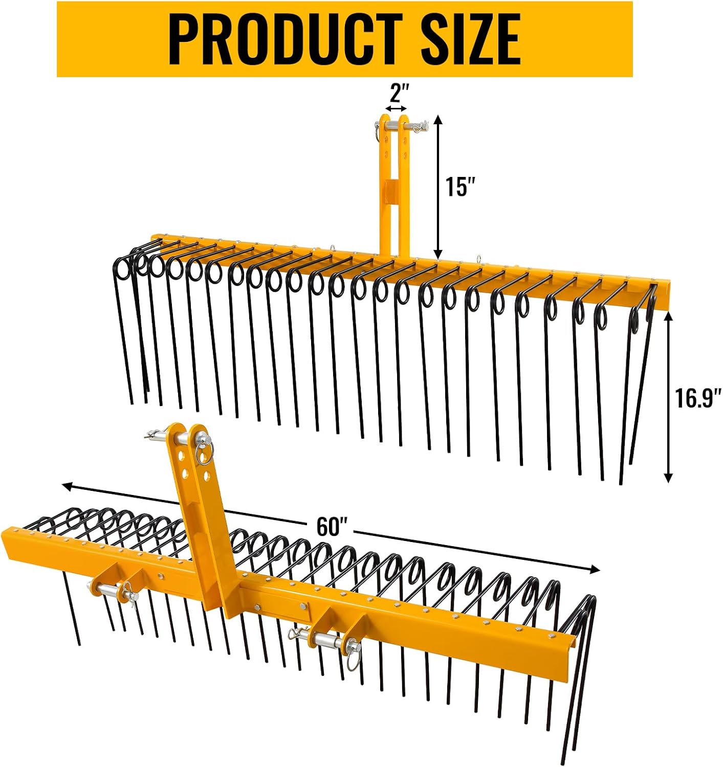 60" Steel Pine Straw Rake, Heavy Duty Steel Tow Behind Landscape Rake with 3 Point Hitch Fit to Cat 0 Cat 1 for Leaves, Grass and Straw, Yellow