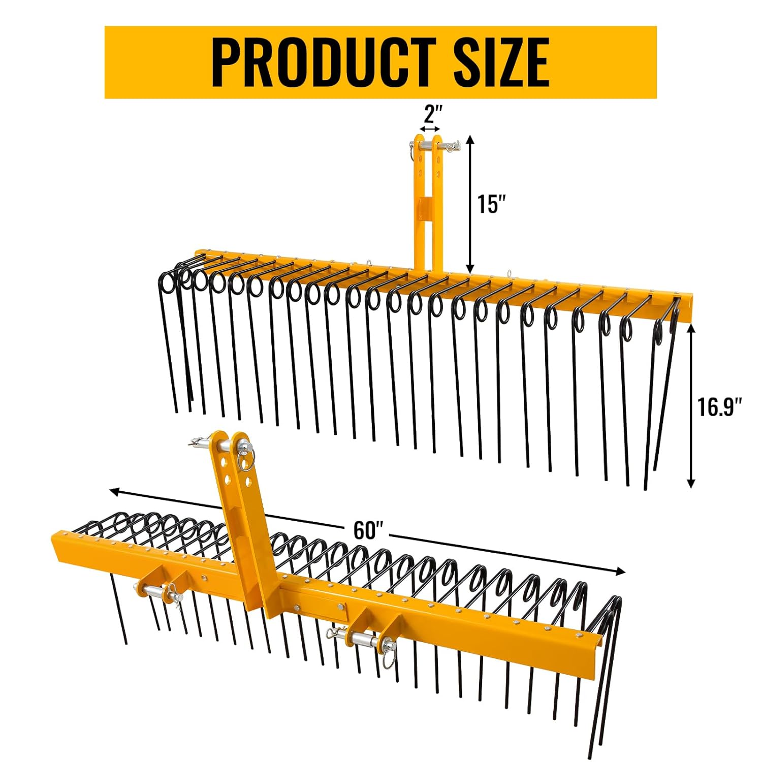 60" Pine Straw Rake, 26 Coil Spring Tines Durable Powder Coated Steel Tow Behind Landscape Rake with 3 Point Hitch Receiver Attachment Fit to Cat0 Cat 1 Tractors for Leaves Grass, Black