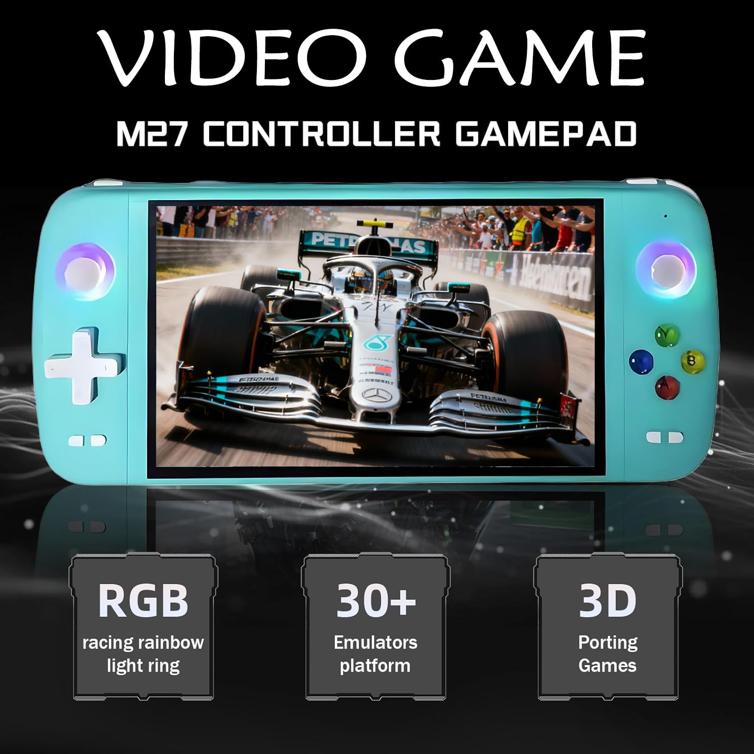 Nuova console di gioco portatile M27, 64 GB di memoria interna con 20.000 giochi, sistema Linux, schermo IPS da 7 pollici, console portatile mini arcade tascabile, uscita HD (verde, 64 g)