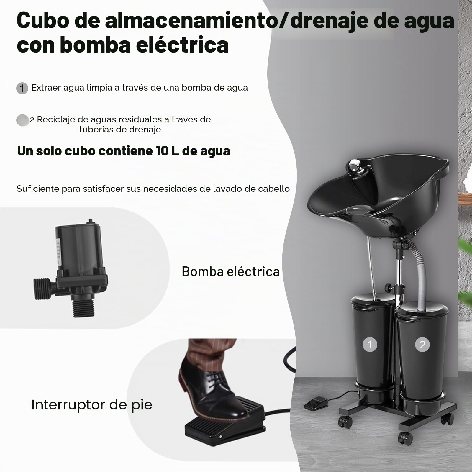 Lavabo portátil con bomba eléctrica, lavabo de pelo ajustable en altura con 2 cubos extraíbles de 10 L y mangueras de drenaje, fregadero de champú para mujeres mayores embarazadas