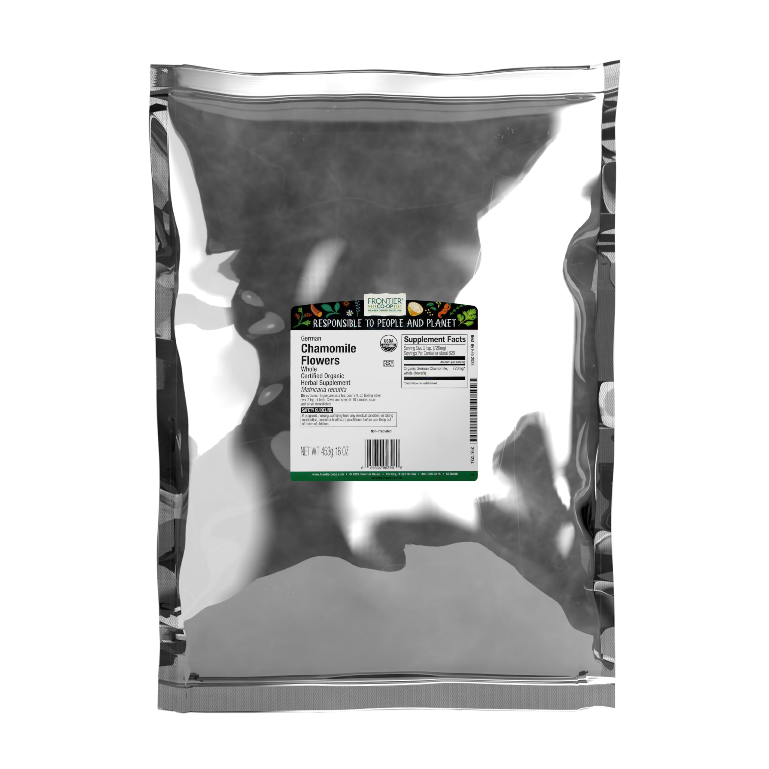Frontier Co-op Organic German Whole Chamomile Flowers, 1-pound Bulk Bag, Makes Relaxing/Calming Tea, Kosher, Non IrradiatedUSDA Organic