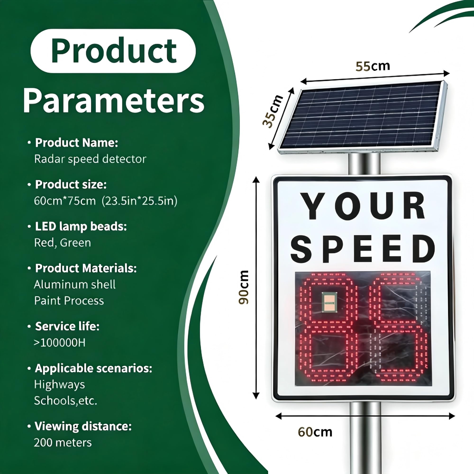 Señal de velocidad de radar LED de 24 x 35 pulgadas, señal de advertencia de aleación IP65 para advertencia de velocidad del vehículo, señal de seguridad vial de detección de 3 filas para Road Street