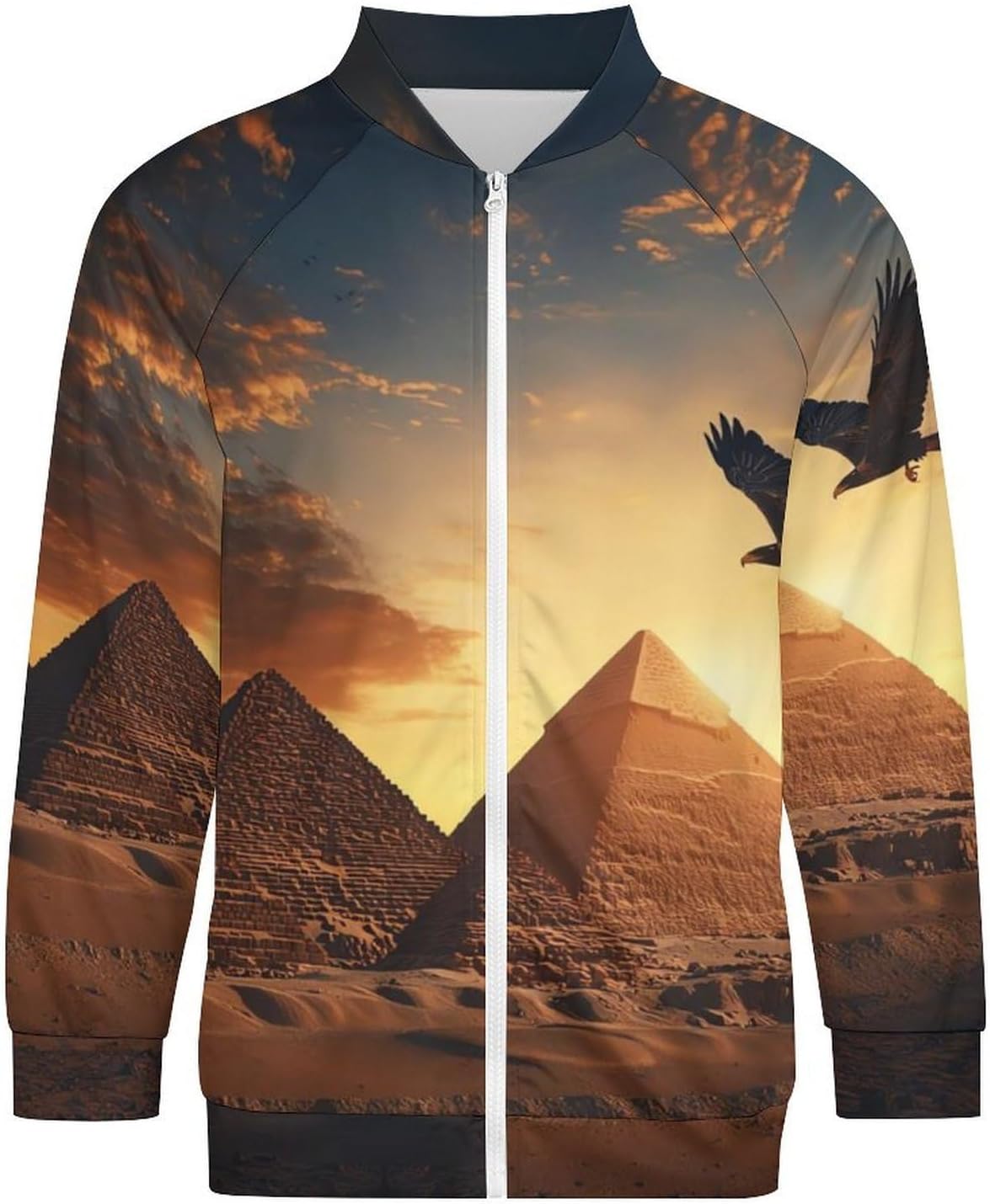 Egyptian Pyramids Flying Ea-gle Men's Zip Up Sweatshirt Casual Sweater Jackets Long Sleeve Tops Lightweight Coat