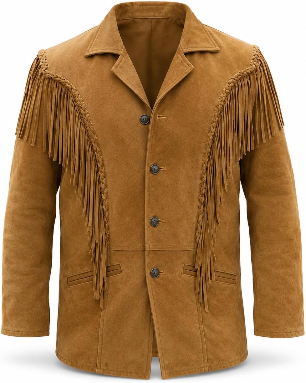 Western Cowboy Leather Fashion Jacket For Mens Fringe & Beaded Native American Coat