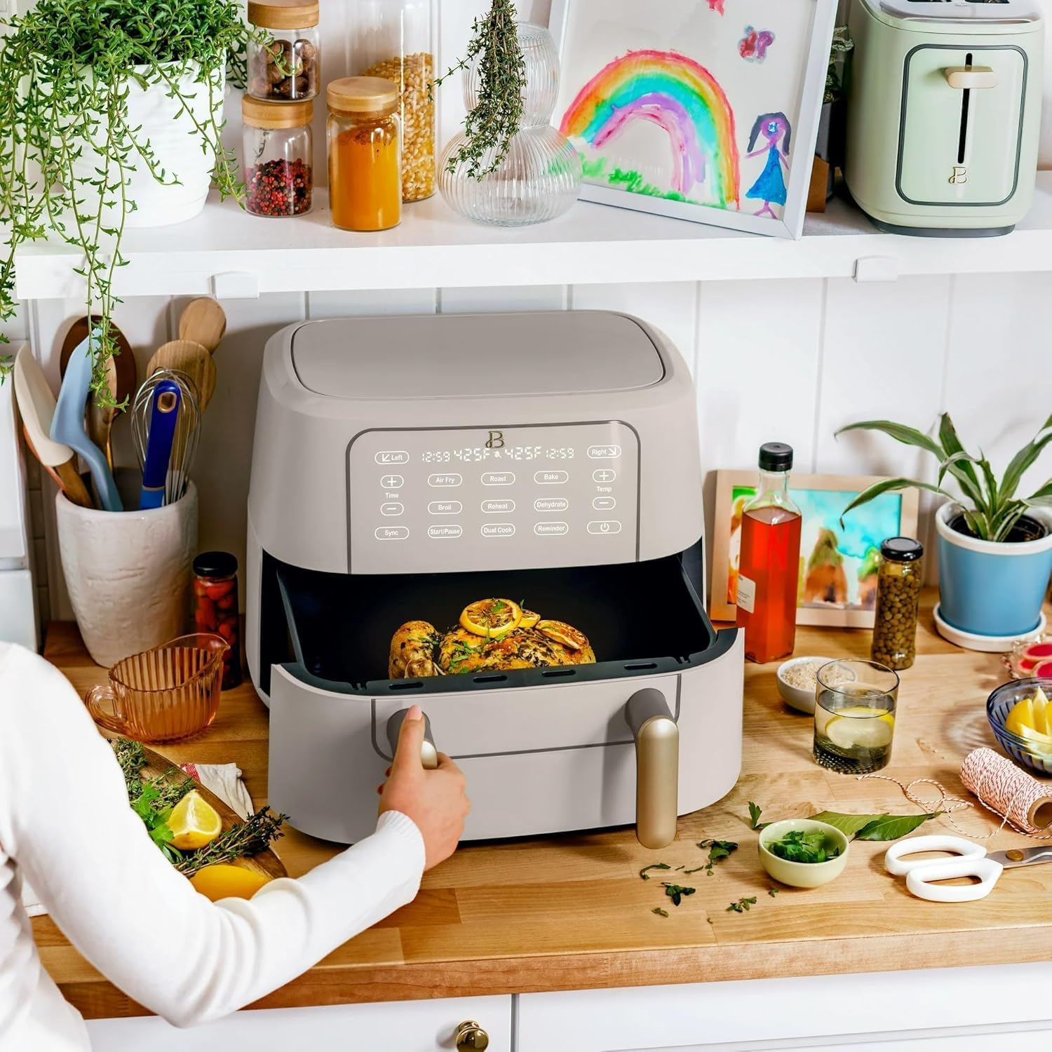 Trizone 9-Quart Dual Zone Air Fryer Exclusive with Divider & Crisper Trays, Digital Touchscreen for 2-in-1 Cooking By Drew Barrymoree (Porcini Taupe)