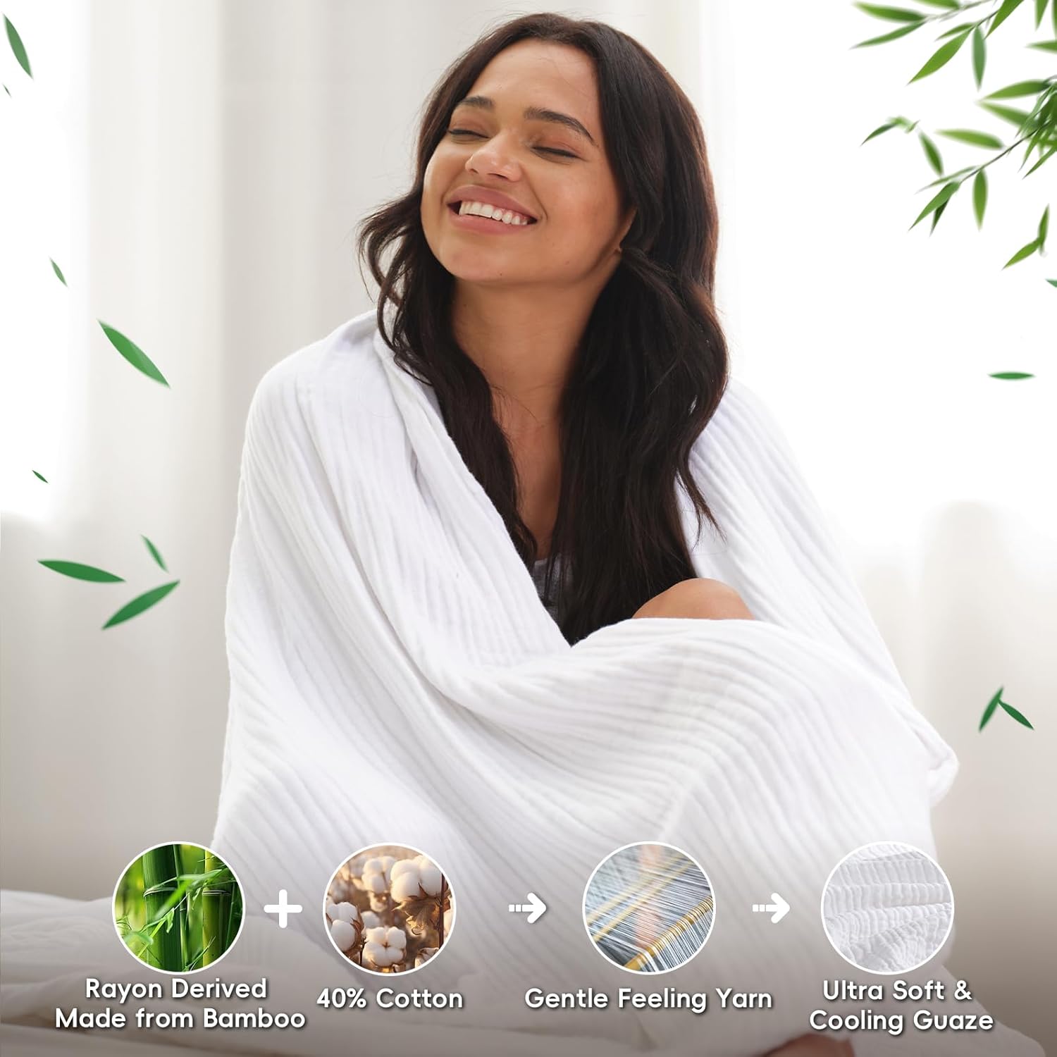 David's Home Soft Cooling Muslin Blanket King Size, 60% Rayon Derived from Bamboo 40% Cotton, Breathable Lightweight Cool Blanket for Hot Sleepers, 4-Layer Cozy Gauze for Bed, 108"x90", White - Image 5