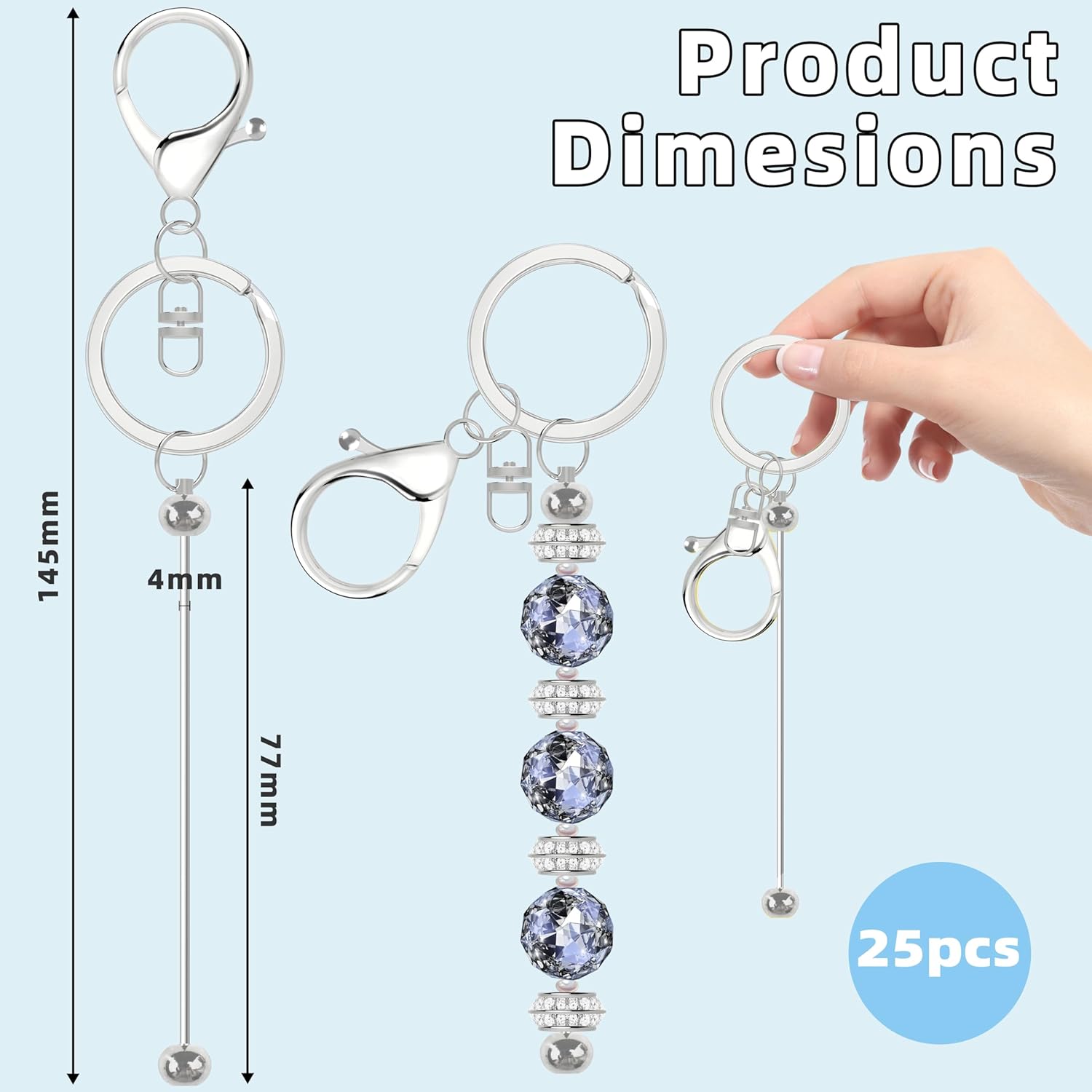 Mlife 25 Pcs Beadable Keychain Bars, Blanks Bead Keychain Making Kit, Bulk Silver Metal Beaded Keychains for Pendant DIY Crafts Jewelry Making Gift, Beadable Keychains Make Supplies(Silver)