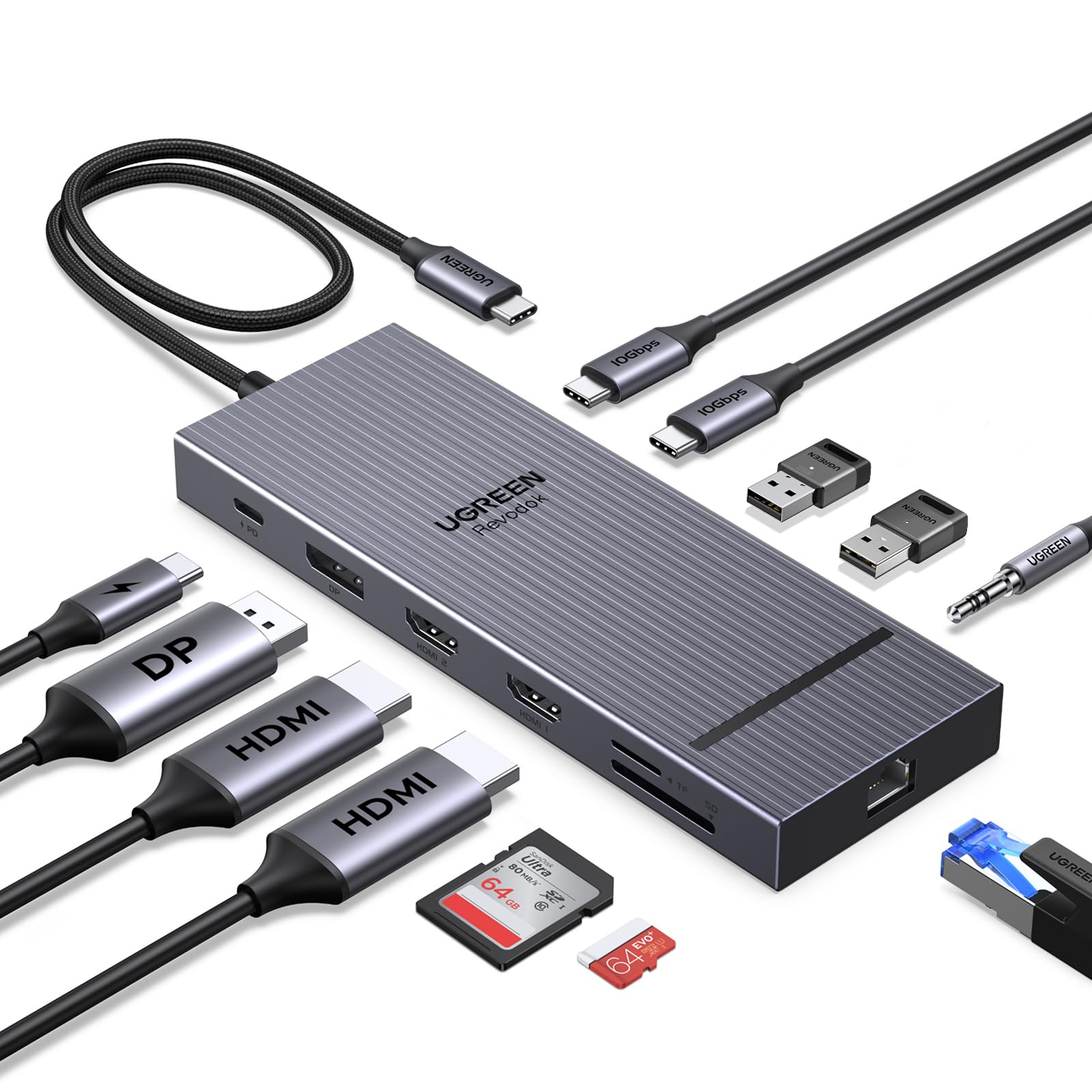 UGREEN Revodok Pro Docking Station 12-in-1 Triple 4K Display | Includes 2×HDMI+DP, 4K@120Hz DisplayPort, 2×10Gbps USB-C, 2×USB-A, 100W PD, 170MB/s SD/TF, Ethernet, 3.5mm Audio USB C Hub