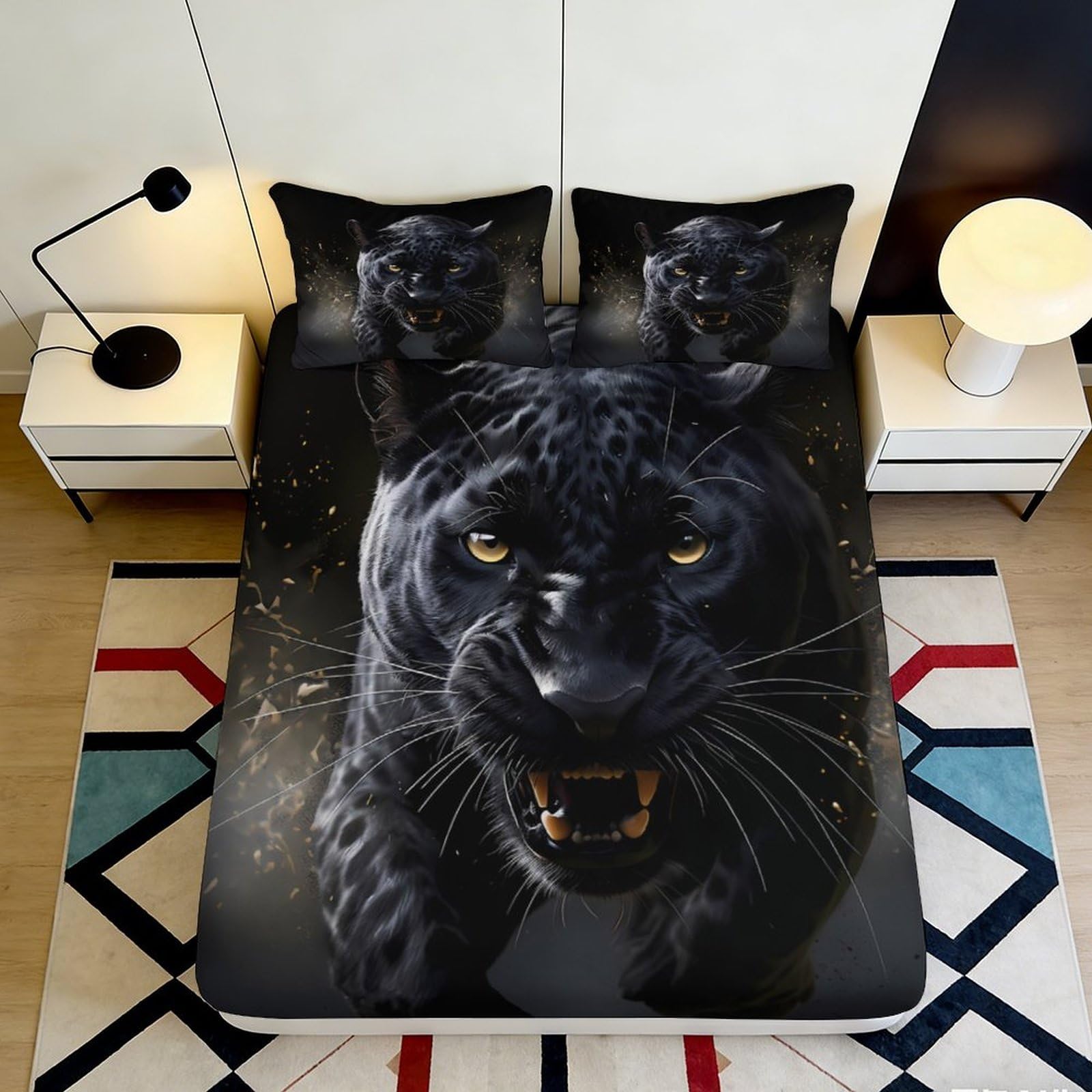 3D Printed Black Panther Fitted Sheet Microfiber Soft Non-slip Wild Cat Bed Cover for Bedroom Dorm Decor 90x200x25cm
