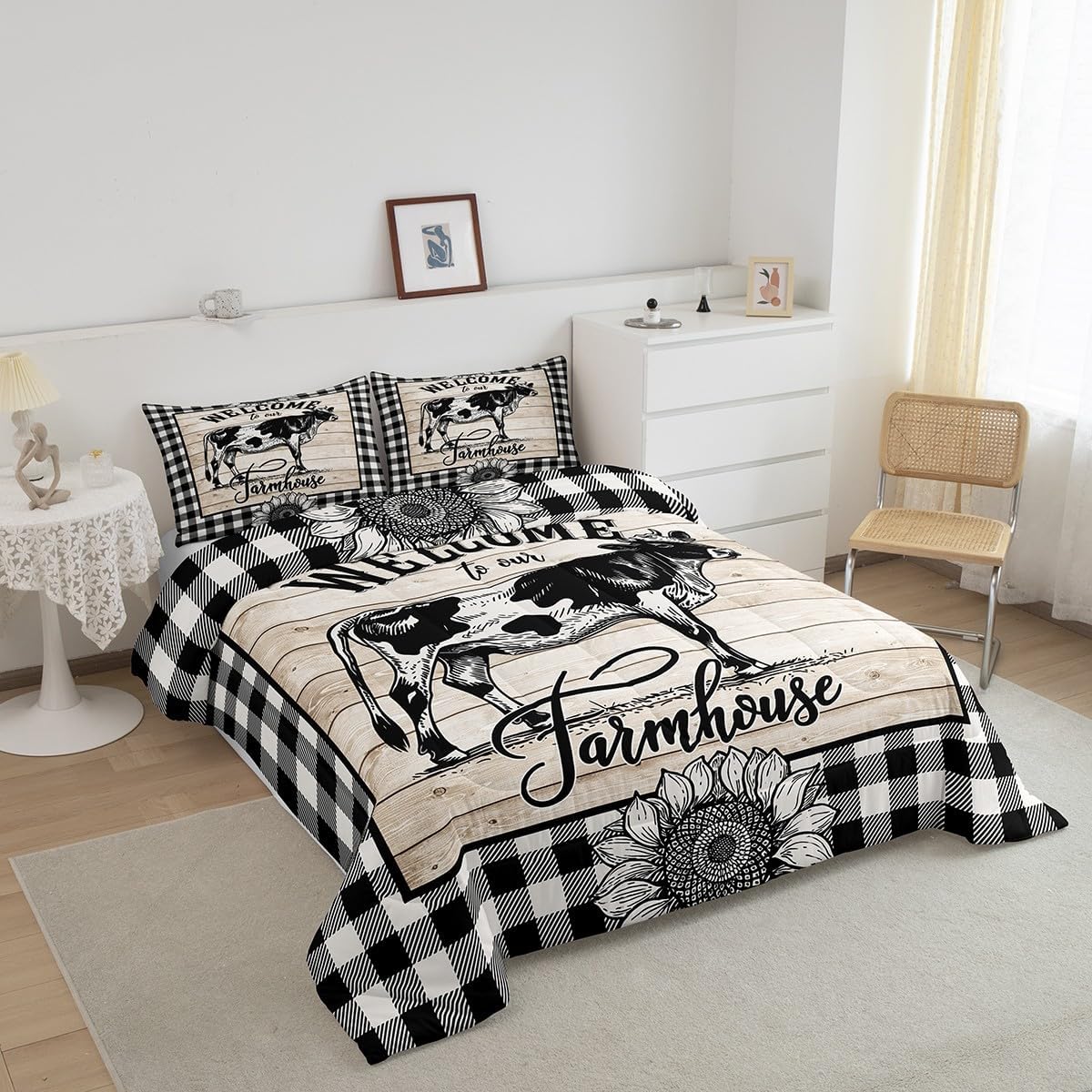 Manfei Cow Comforter Set Full Size, Rustic Farmhouse Sunflower Bedding Set 3pcs for Kids Boys Teens Room Decor, Grey White Plaid Grid Print Quilt Set with 2 Pillowcases
