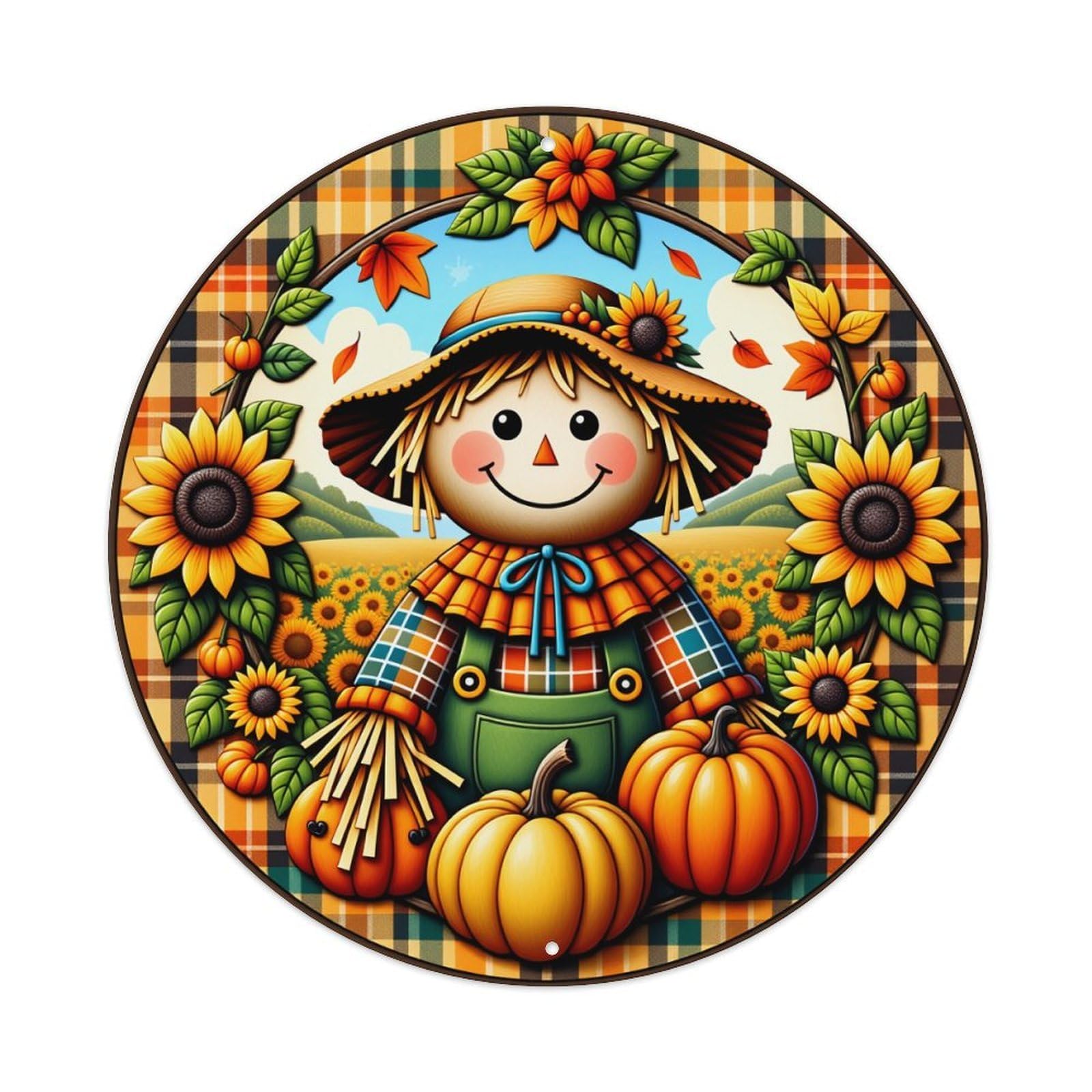 Scarecrow Sunflower Pumpkin Autumn Plaid Tin Sign Vintage Style Home Bar Garden Wall Plaque Decor Metal Poster 8x12 Inch