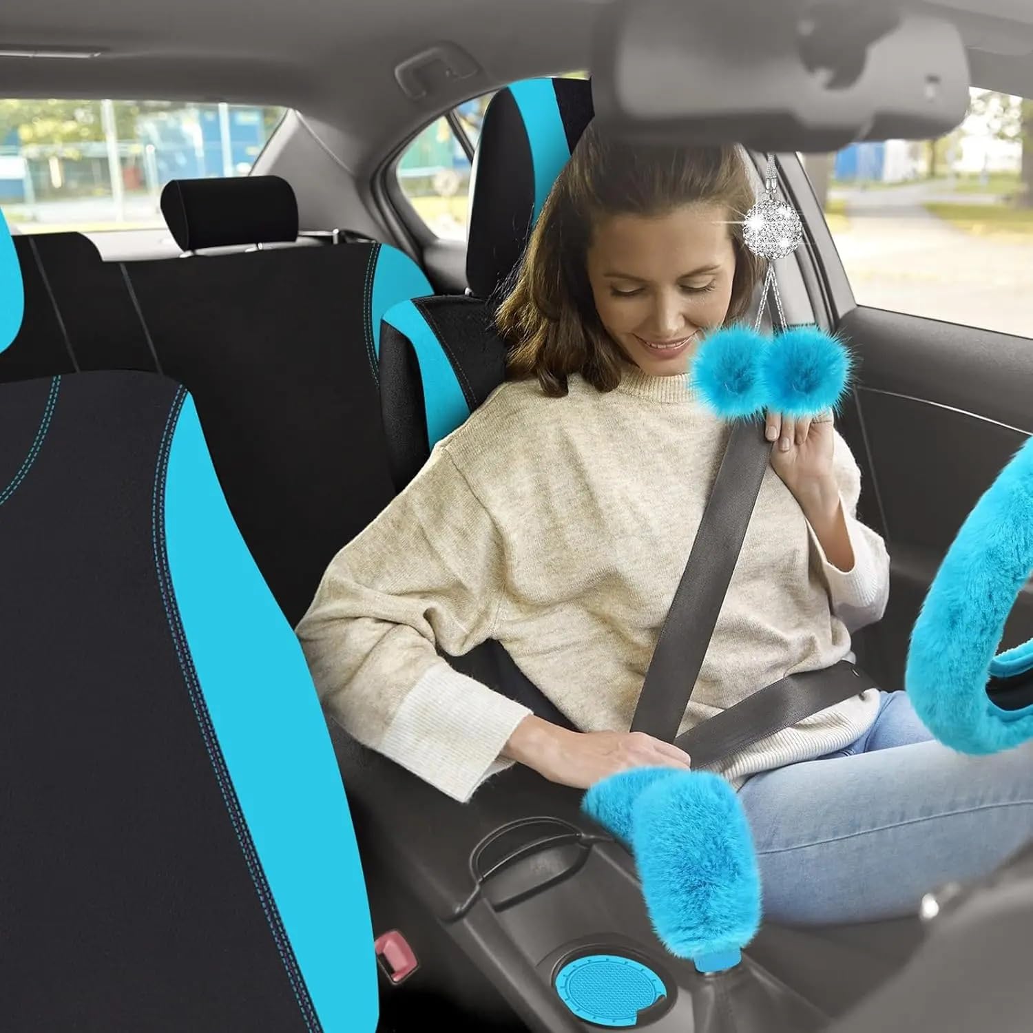 Coprisedili per auto 17 pezzi Coprisedile per auto Set completo per sedile anteriore e posteriore, Coprivolante in peluche Coprifreno