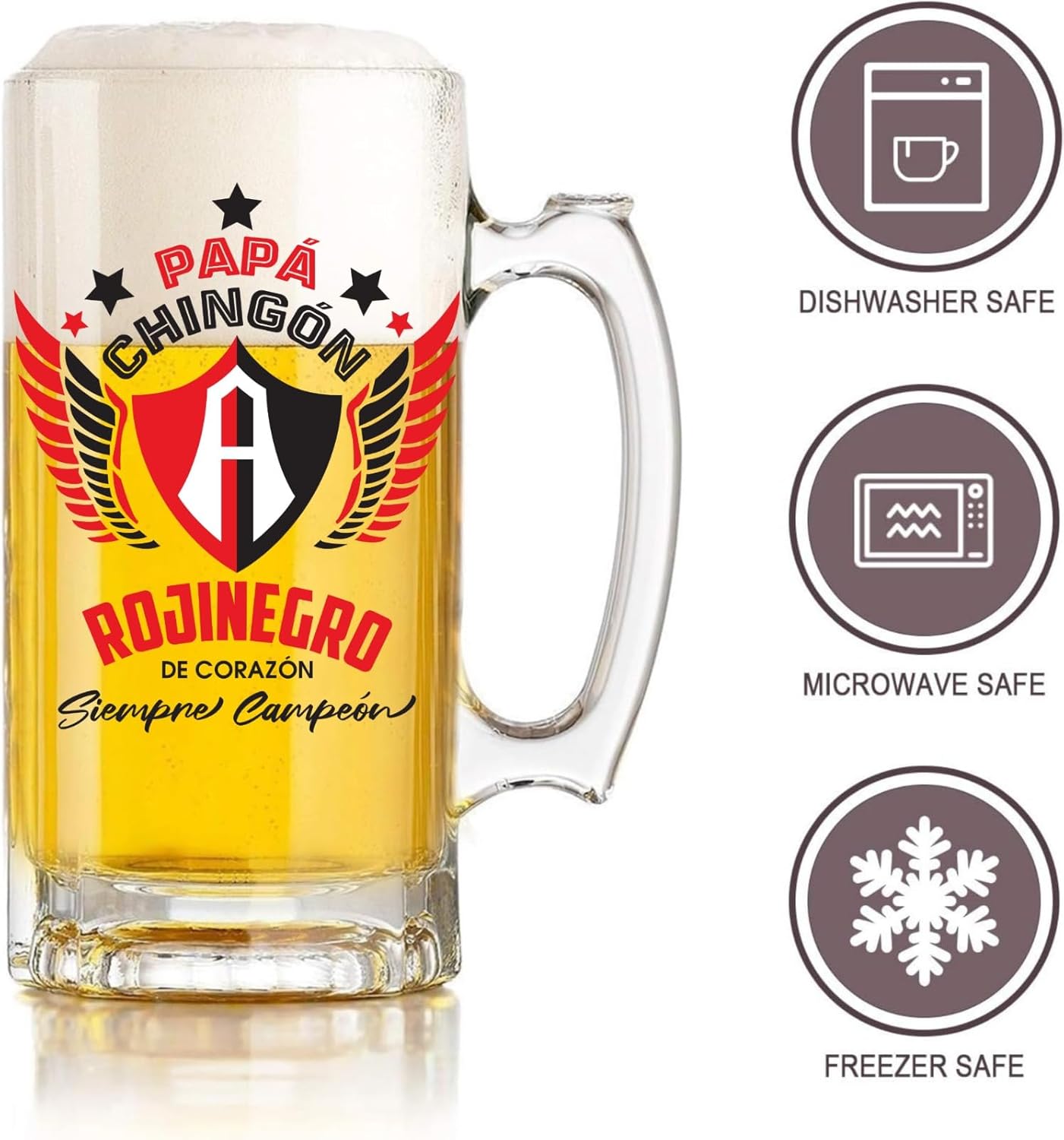 Atlas FC 16 oz Beer Glass Mug – Papá Chingón Design – Rojinegro de Corazón, Siempre Campeón – Soccer Gift