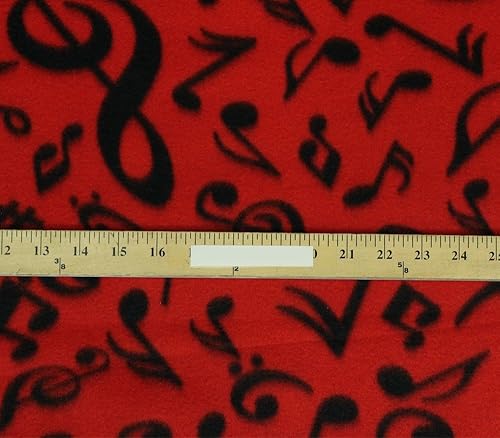 Miniatura 2 de Tela de forro polar impresa, notas musicales negras antipíldoras (fondo rojo)