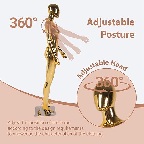 Miniatura 5 de Kinfant Maniquí femenino de cuerpo completo dorado, elegante maniquí femenino alto con base de metal estable, pantalla de forma de vestido de manne