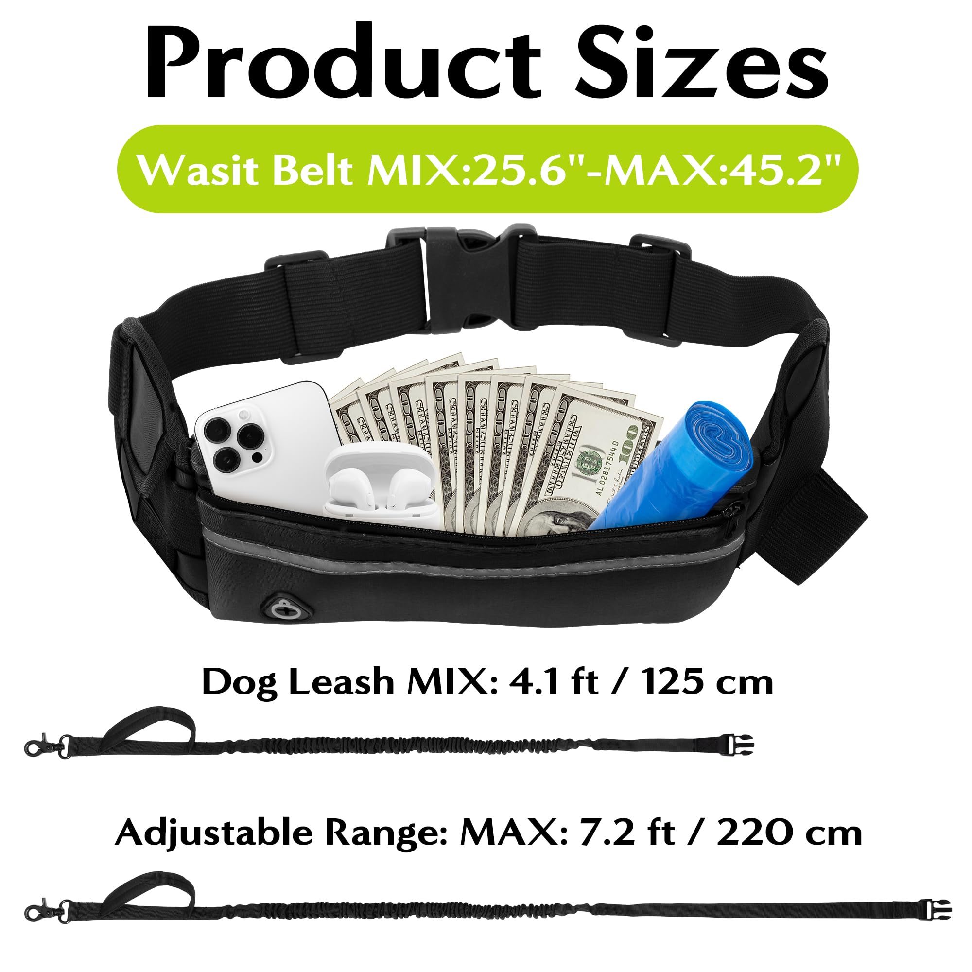 Correa para perro manos libres, correas para correr con bolsa con cremallera, cinturón reflectante ajustable, elástico retráctil de doble asa para perros pequeños, medianos y grandes, para
