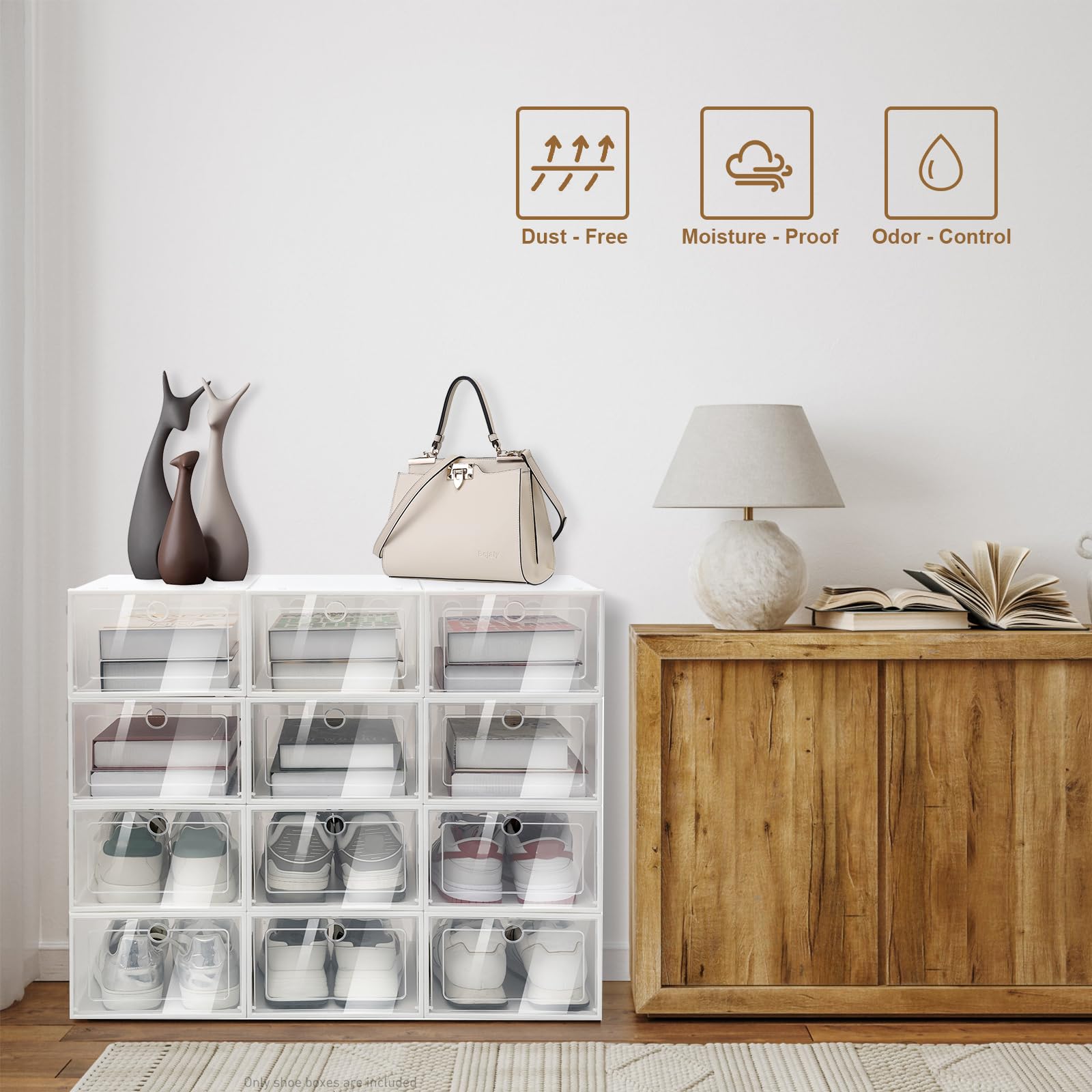 WOQLIBE 20 Pcs Shoe Storage Boxes,Clear Plastic Stackable Shoe Organizer for Closet,For Display Sneakers,Easy Assembly,Space Saving Foldable Shoe Sneaker Containers Bins Holders,13”Lx 9.9”Wx 5.5”H