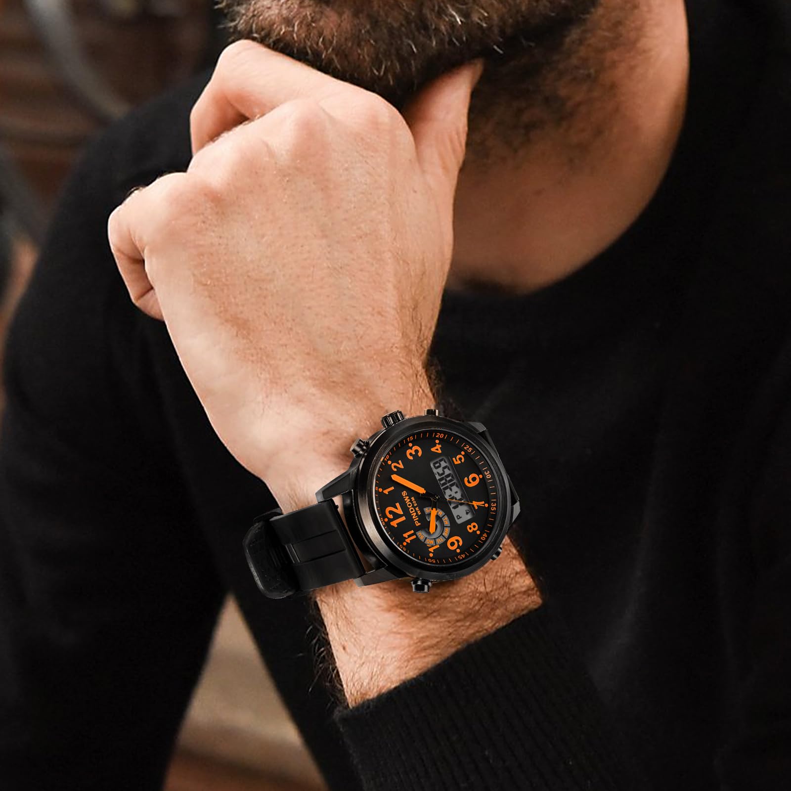 PINDOWS Orologio da uomo doppio fuso orario analogico digitale militare