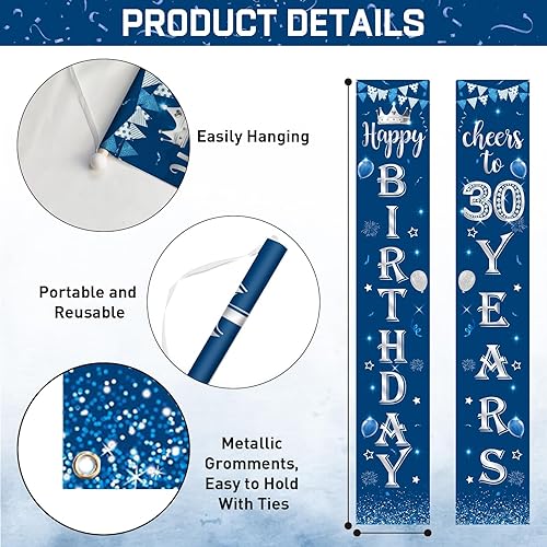 Miniatura 2 de Kit de decoración de 30 cumpleaños azul y plateado, cartel de 30 cumpleaños para puerta, porche, cartel de fondo, pancarta de feliz cumpleaños 30,