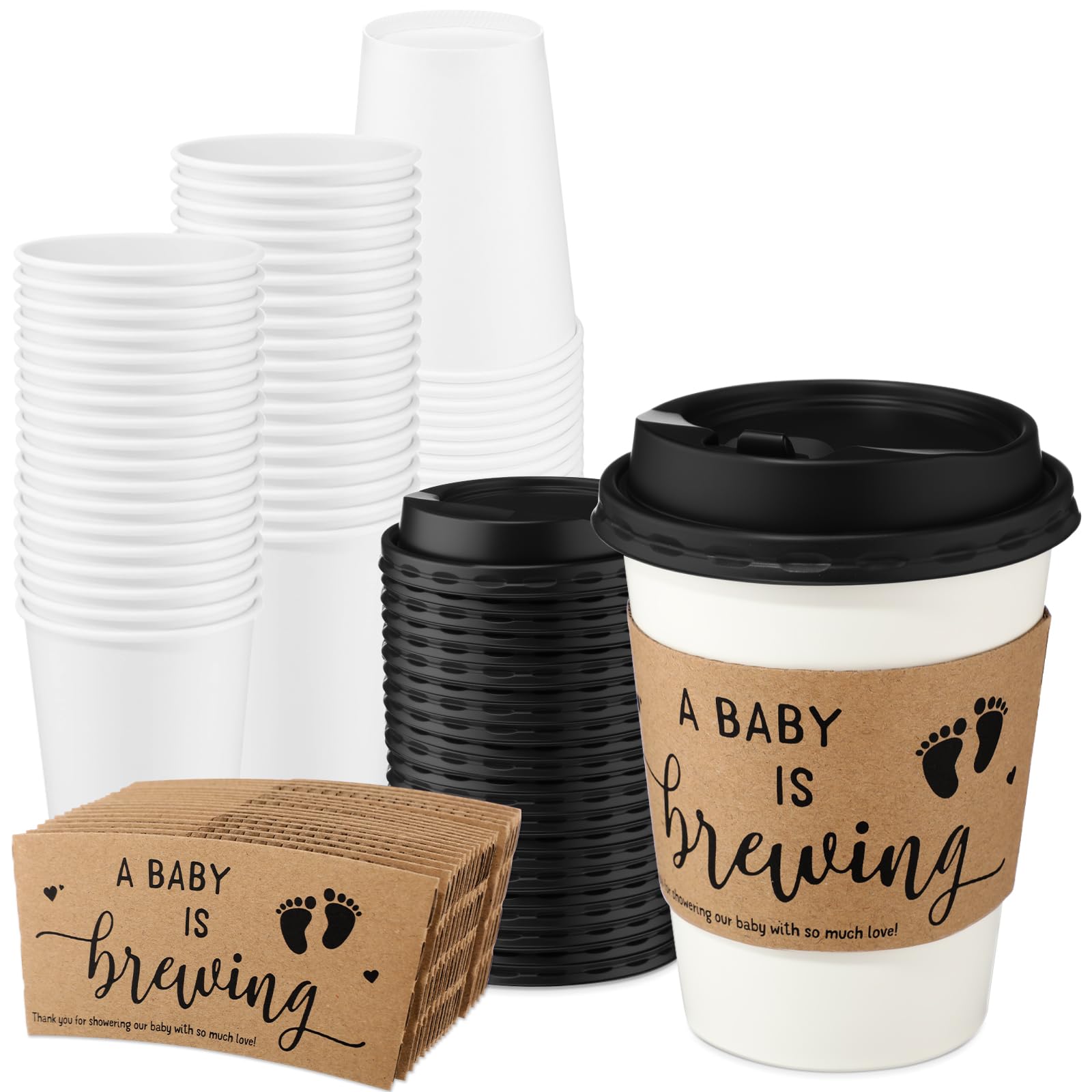 Amazon.com: Jingmore 50 Sets Baby Shower Coffee Party Favors for Guests A  Babys is Brewing Coffee Cup with Lids Sleeves Disposable Paper Cup Tea  Party Supplies for Hot Iced Juice or Tea (