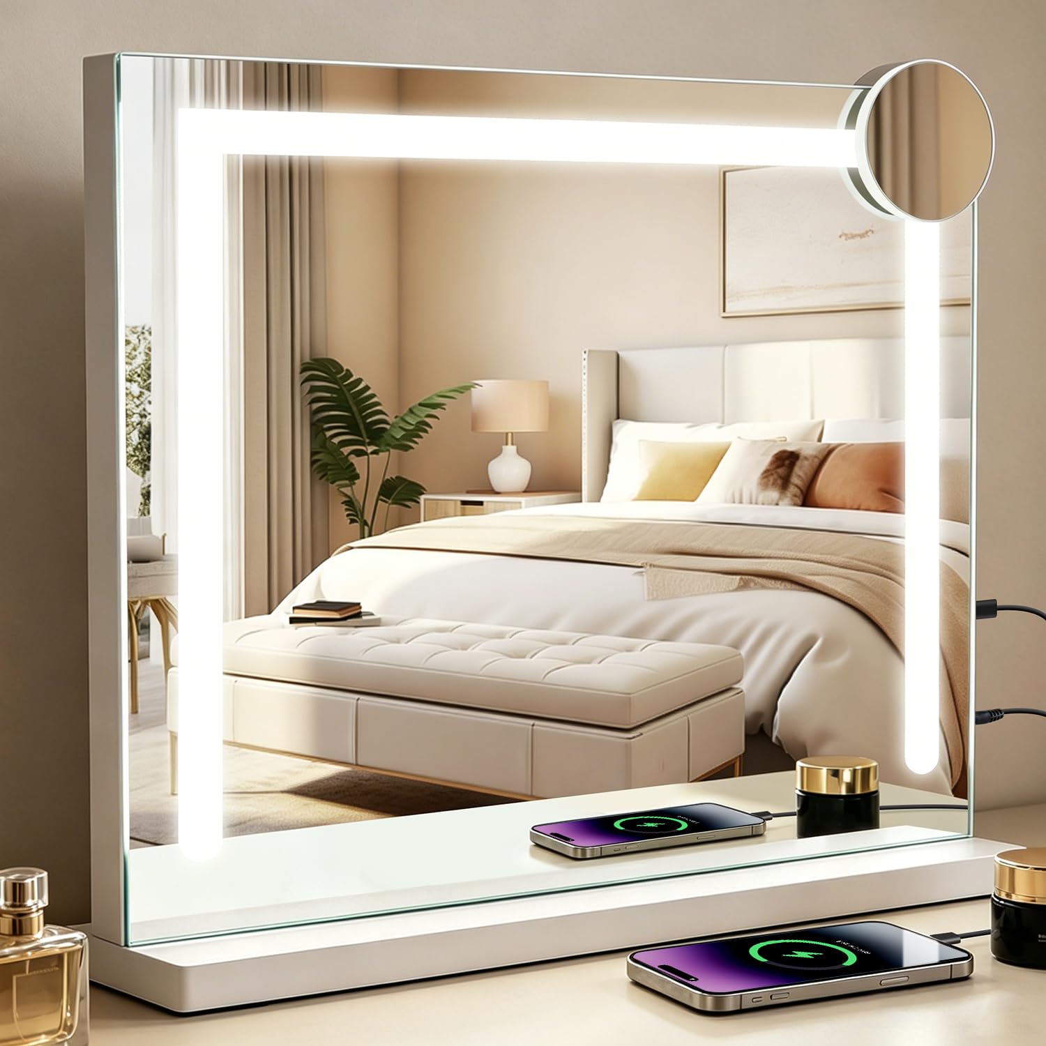 Specchio da trucco con illuminazione, 58 x 46 cm, specchio da toeletta con luce, touch dimmerabile, 3 modalità di luce a colori, ingrandimento a 5 livelli, connettore USB, Vanity Mirror per