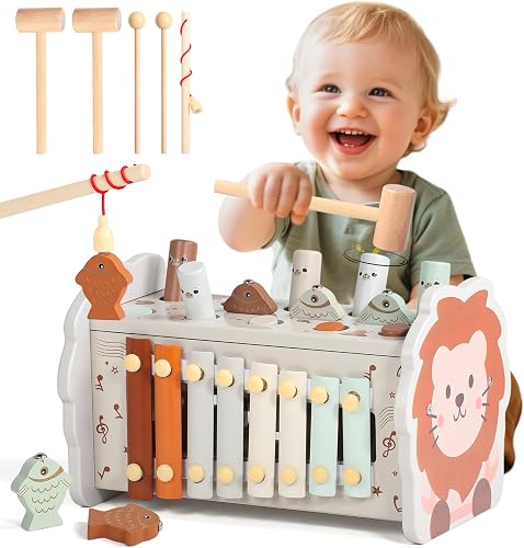 Jouet Bebe 1 an Montessori en Bois 4 en 1 Xylophone Tape-Taupe P 