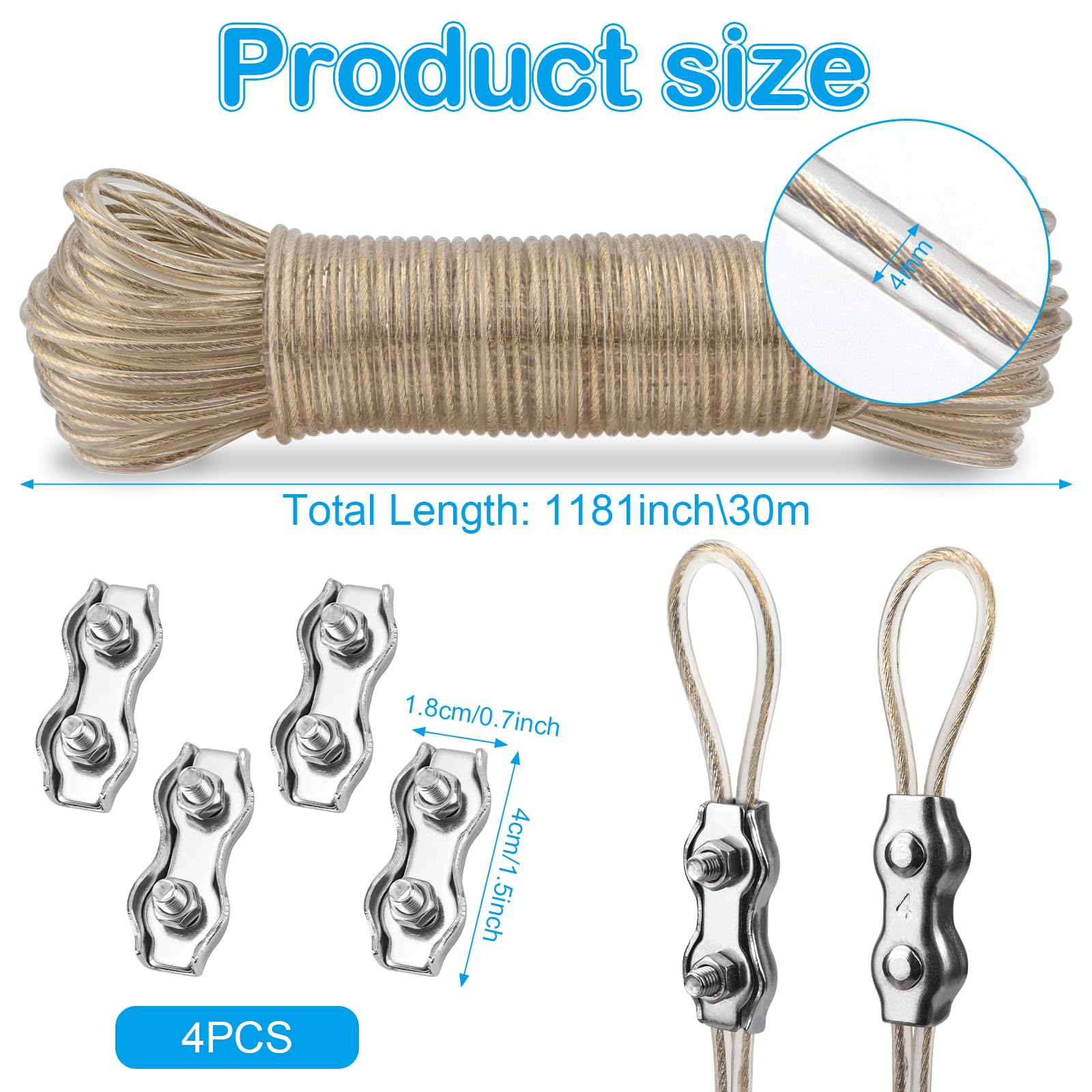 Bomtop Corde à Linge Extérieur 30m Avec Âme Acier – Ultra Résistante 200 Kg, Antirouille, Avec 4 Tendeurs – Idéale Jardin, Camping, Balcon