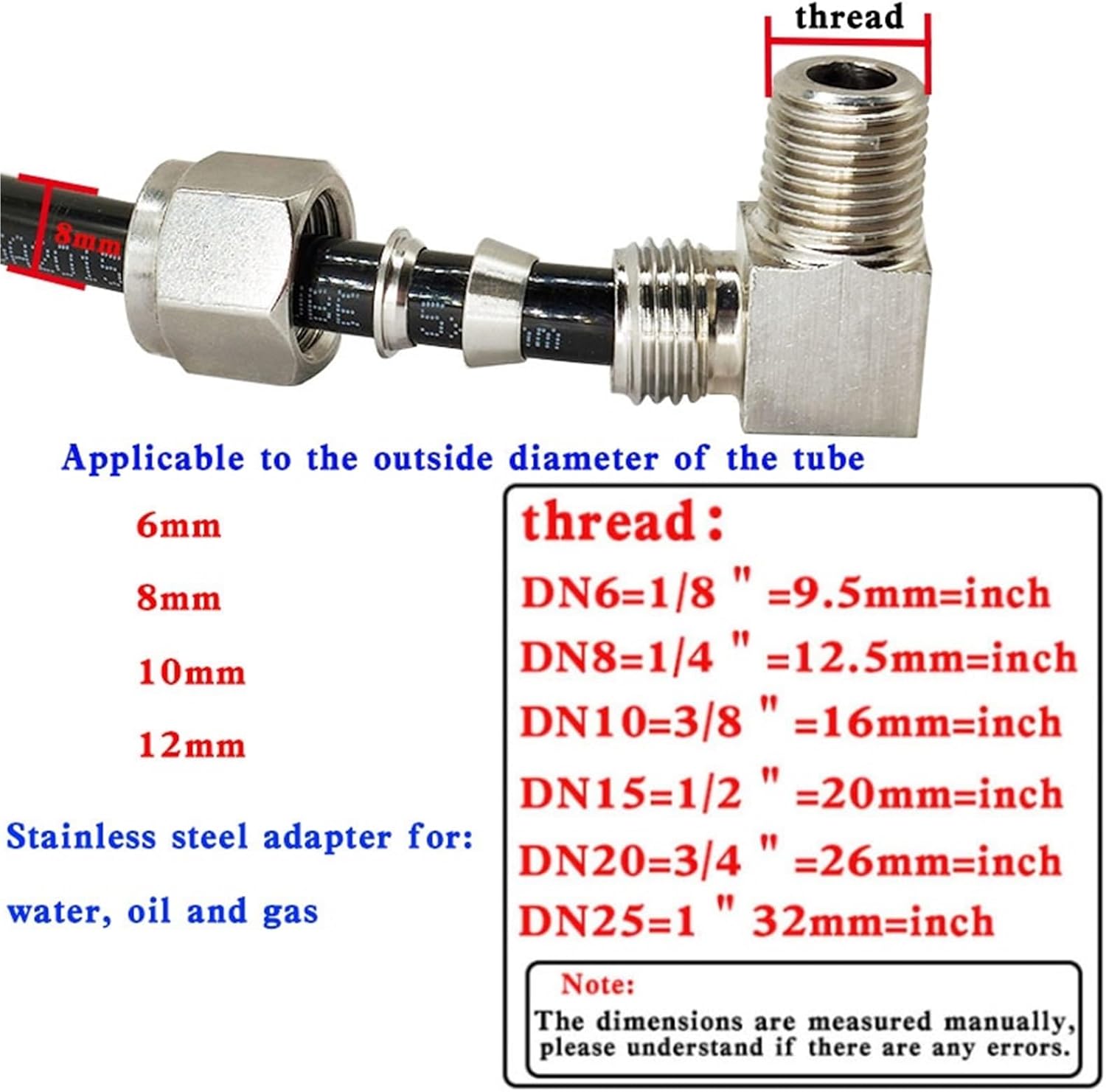 304 Stainless Steel 90° Elbow 6mm 8mm 10mm 12mm OD 1/8 1/4 3/8 1/2 Inch Male Connector 5Pcs(10mm OD Pipe,1/4")