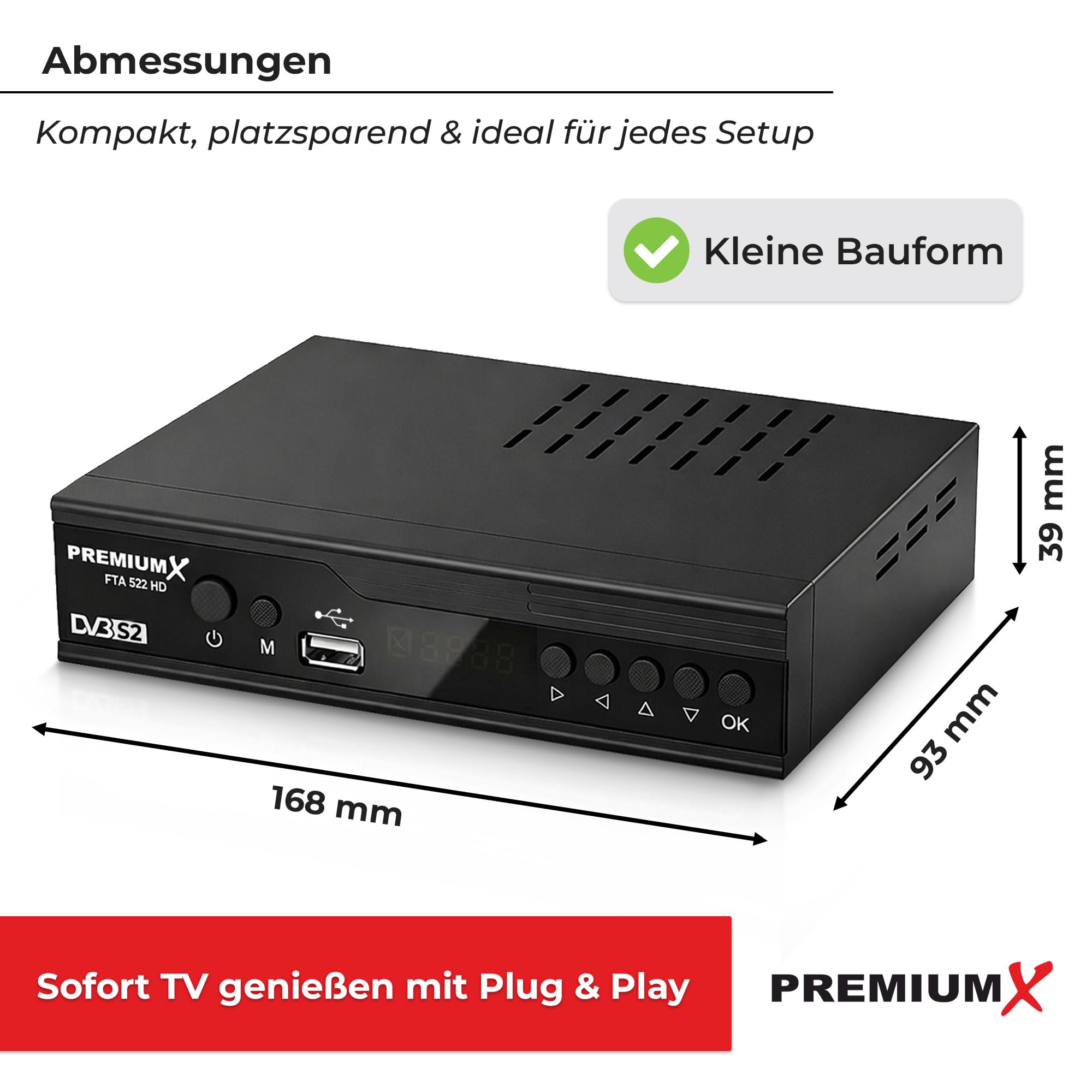Sat Receiver FTA 522 HD DVB-S2 Digital Satellitenreceiver Unicable HDMI SCART 2x USB Media Player 12V FullHD