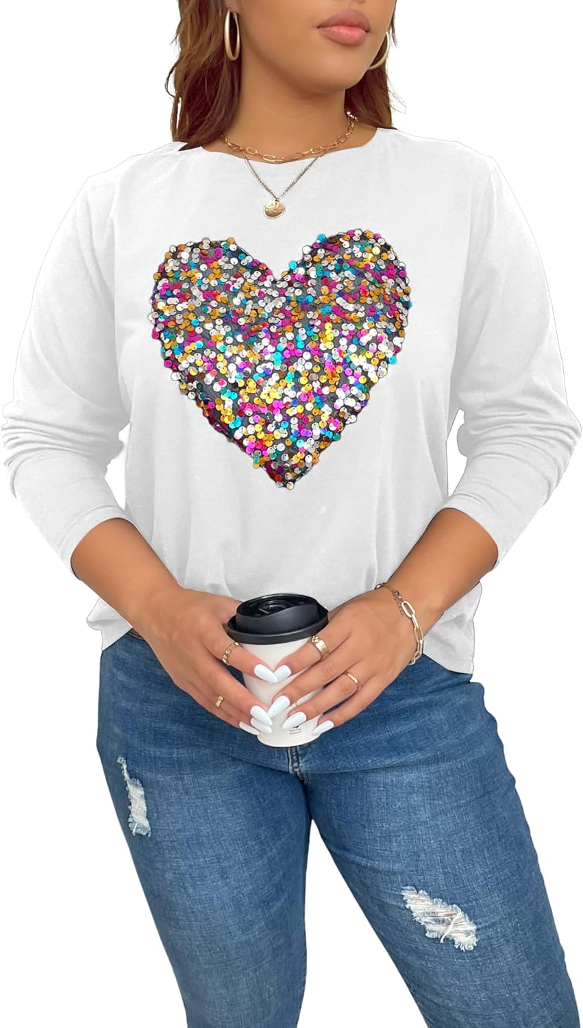 OYOANGLE Women's Plus Size Sequin Heart Tee Sparkle Glitter Long Sleeve T-Shirt Top Lightweight Sweatshirt - Image 5